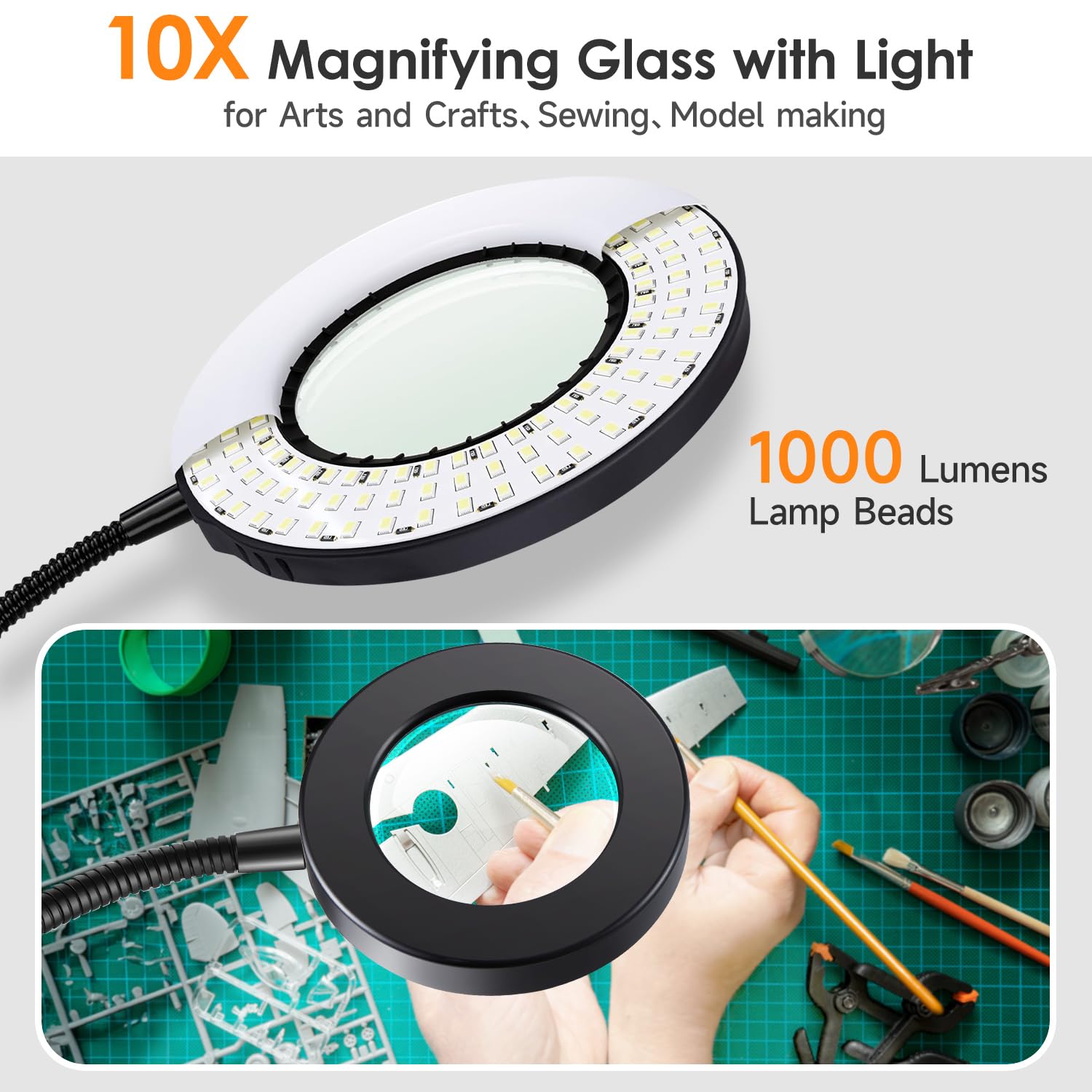 Mubarek Magnifying Glass with Light 5X, 48 LED Desk Lamp, 3 Dimmable Modes, Black