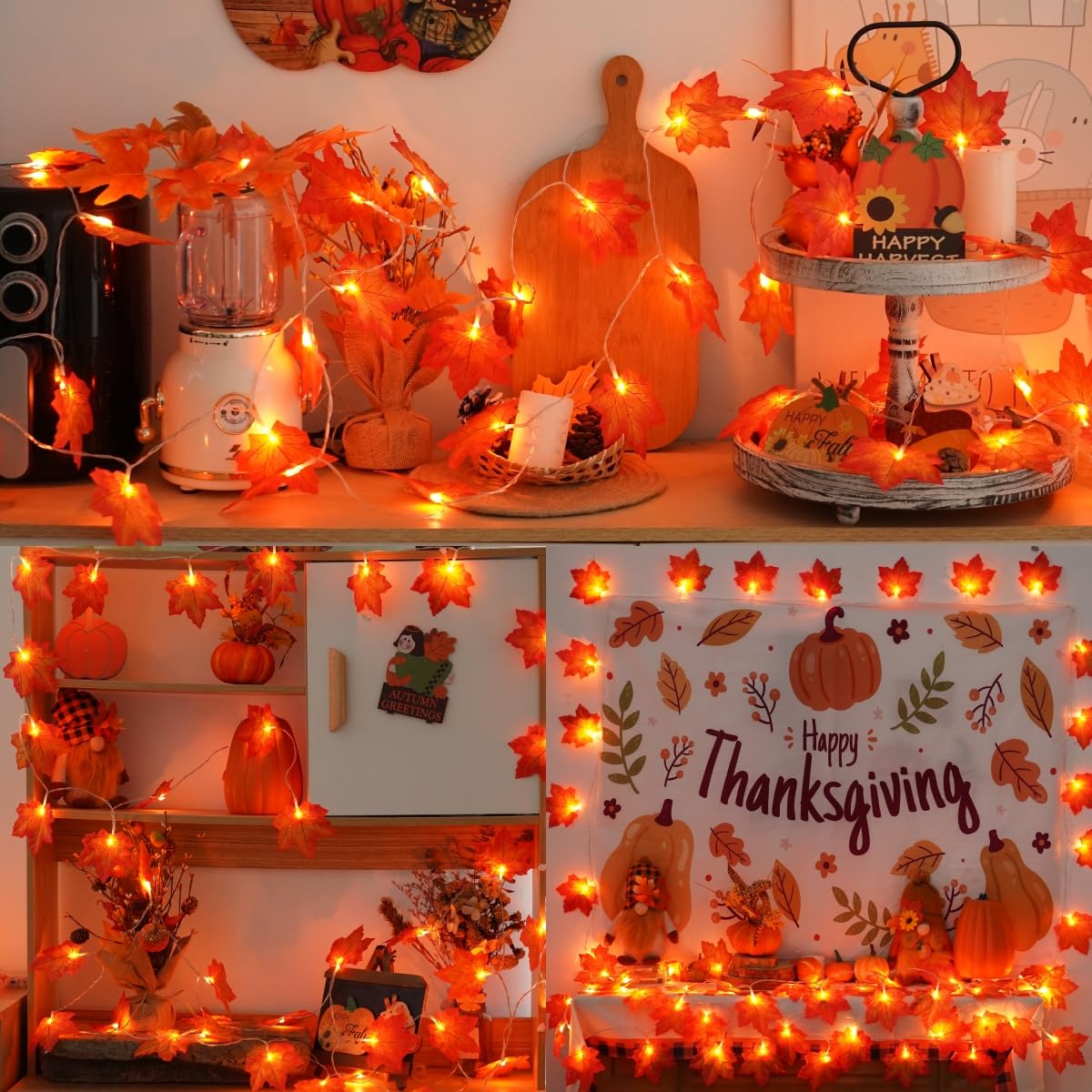 Yeguo 4 Pack Thanksgiving Decorations - 40Ft 80 Led Battery Operated Fall Garland, Orange