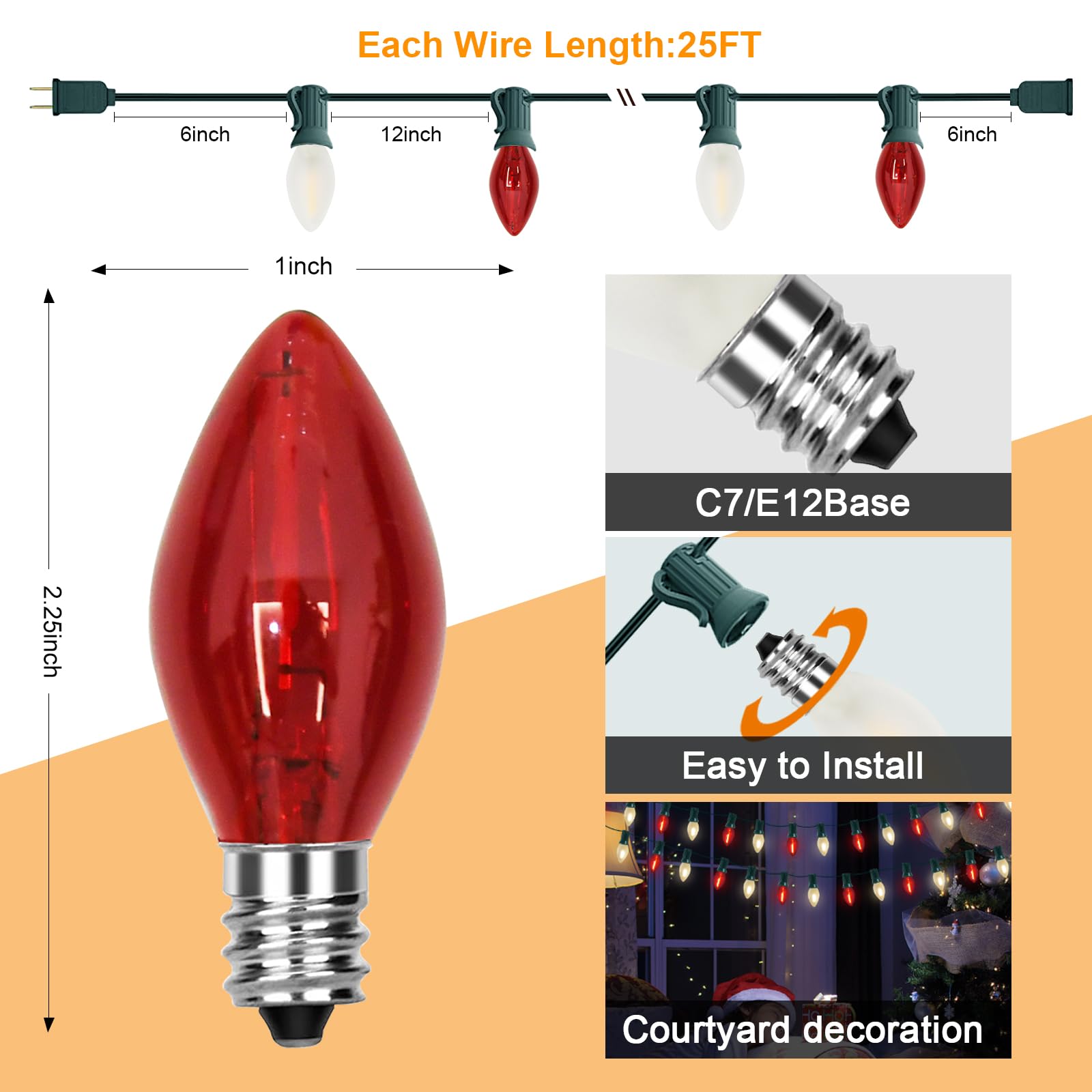 C7 Led Red And Frosted White Christmas Lights 25Ft Outdoor Christmas Decorations String Lights With 27 Shatterproof Led Bulbs, H