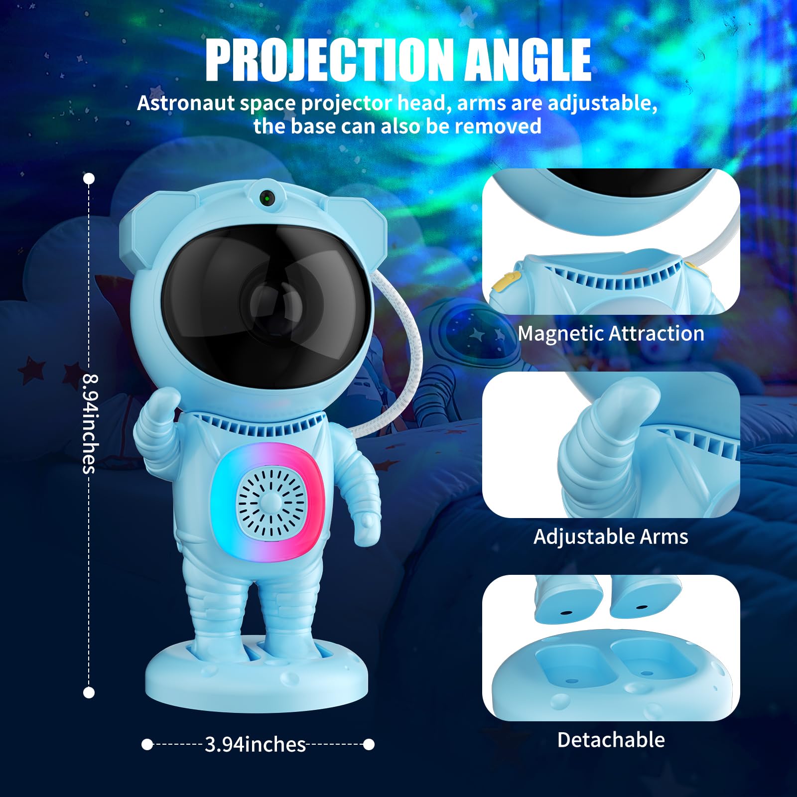 Jioote Astronaut Galaxy Projector with Bluetooth Speaker, Remote Control, Adjustable Angle, Small, Blue, Model JN117