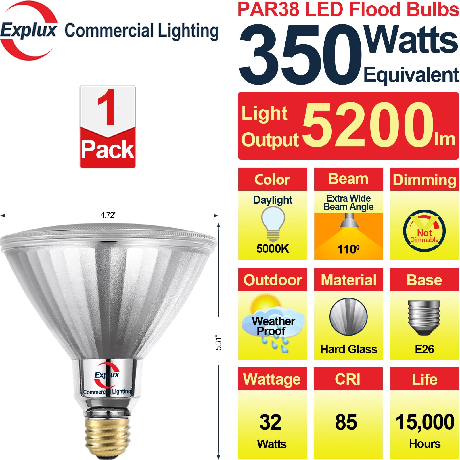 Explux 350 Watt Equivalent Par38 Led Flood Light Bulb, Ultra Bright 5200 Lumens, Full-Glass Outdoor Waterproof & Anti-Ageing, No