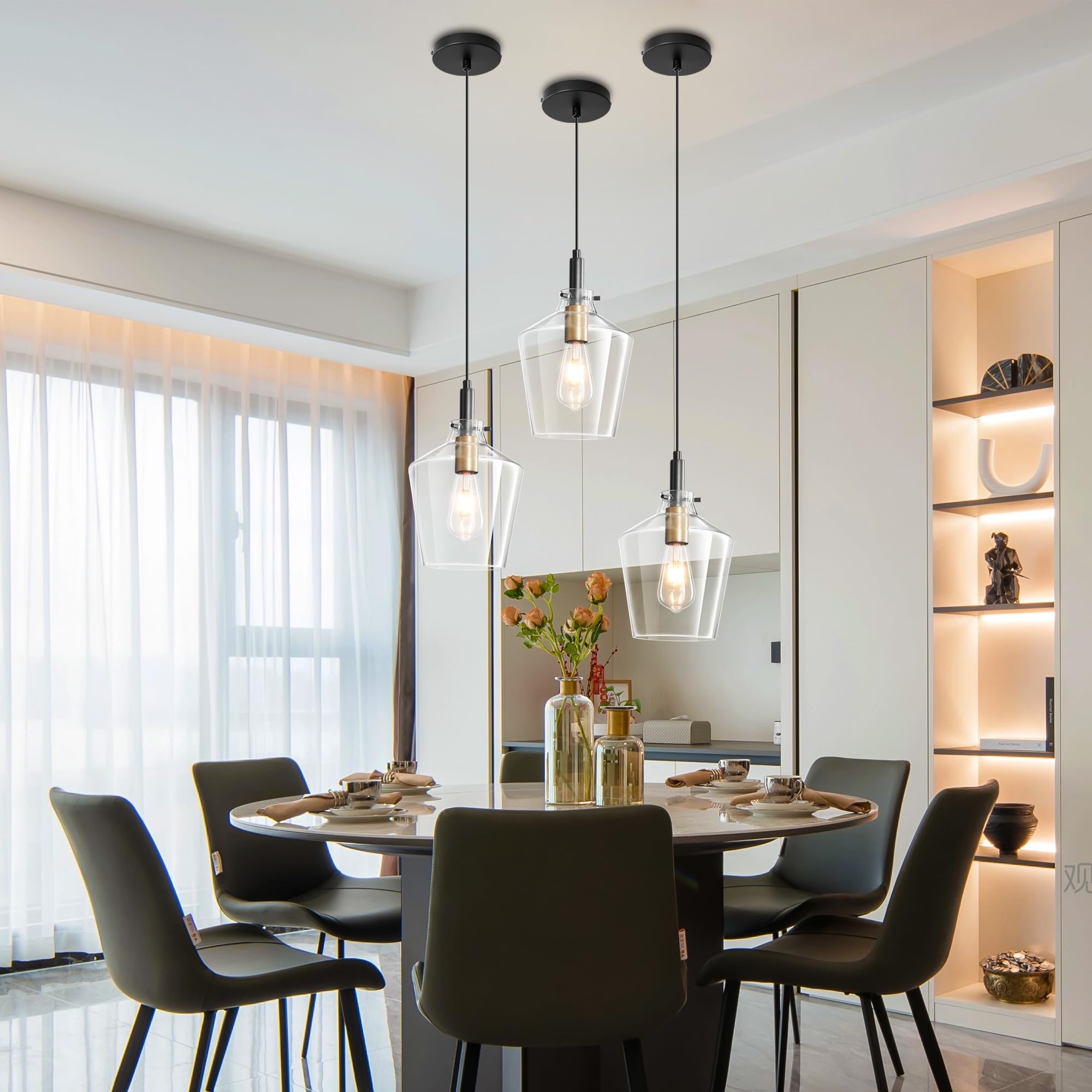 Vaziden Modern Glass Pendant Lighting, 2 Pack Adjustable Ceiling Lights, Black Gold with Clear Glass Shades, 8 Inch, Model 1508