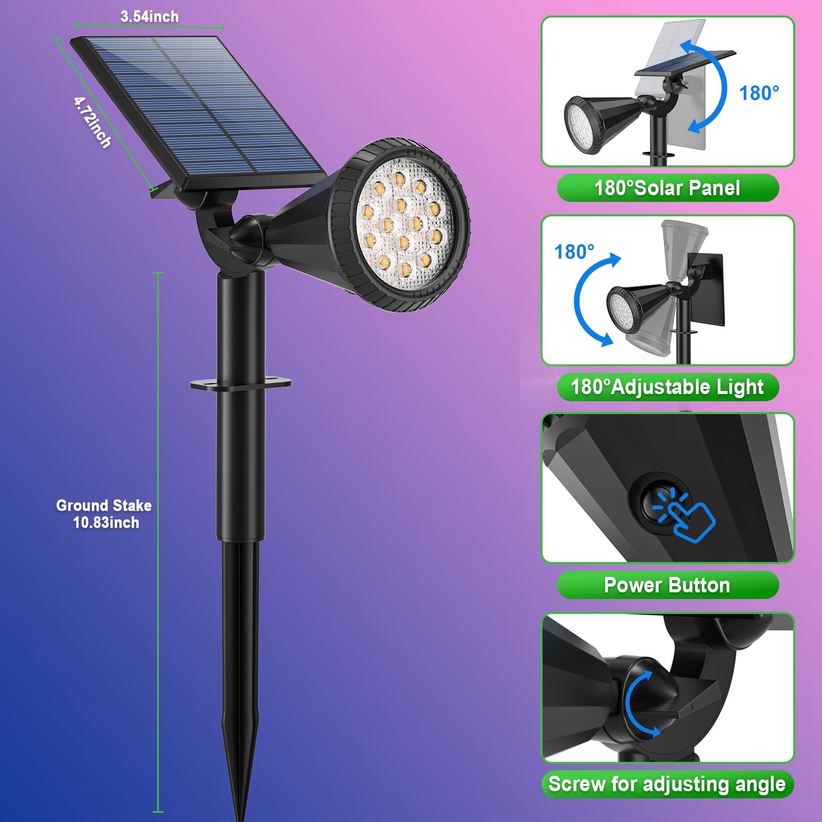 Tadyreal Solar Spot Lights - 180° Adjustable, Waterproof Rgb, 7 Modes, 2 Pack, Multicolor, Model D03