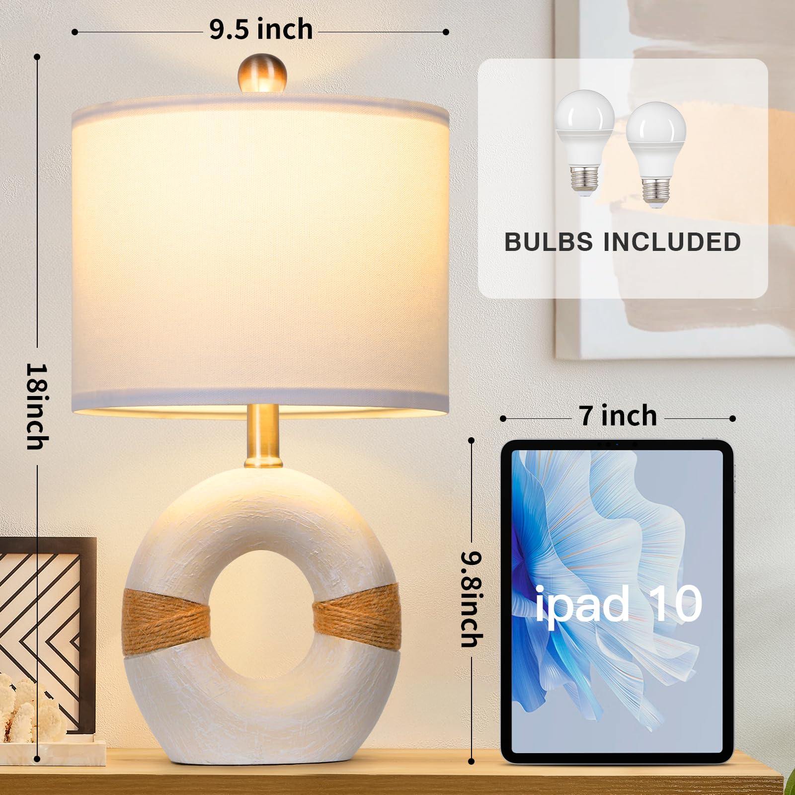 Cinkeda Boho Rattan Table Lamps Set Of 2, Cream Farmhouse Nightstand Lamps With Bulbs