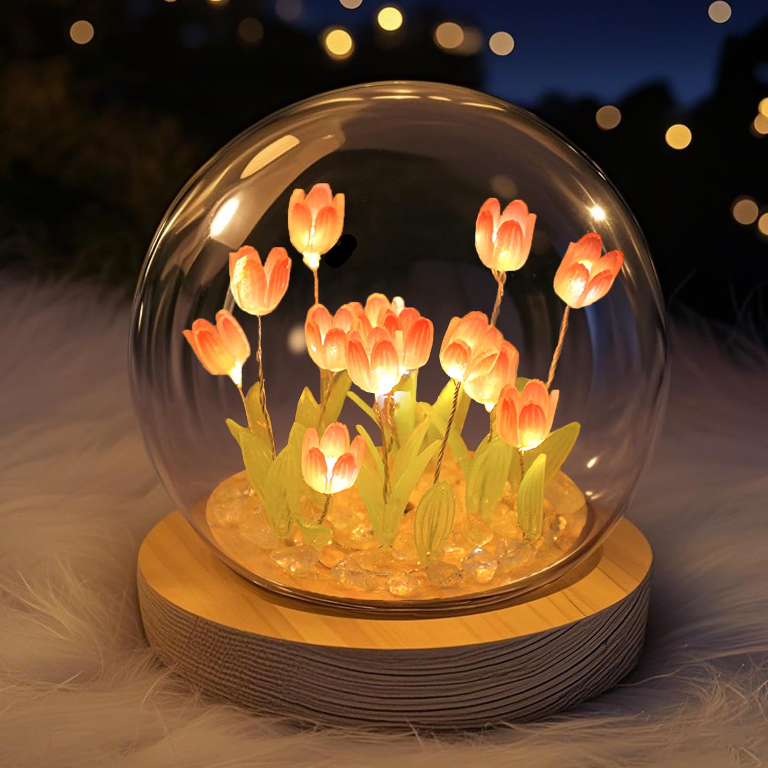 Lifnatty Tulips Lamp Gifts For Women, Tulips Artificial Flowers Night Light, Light Up Pink Tulip In Glass Dome For Bedroom, Uniq