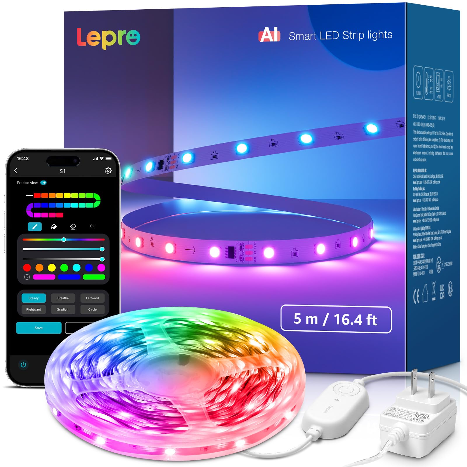 Lepro S1 AI LED Strip Lights for Bedroom - 16.4ft Smart RGB Light Strips with IC and Rainbow Chasing Effects, Color Segment DIY,
