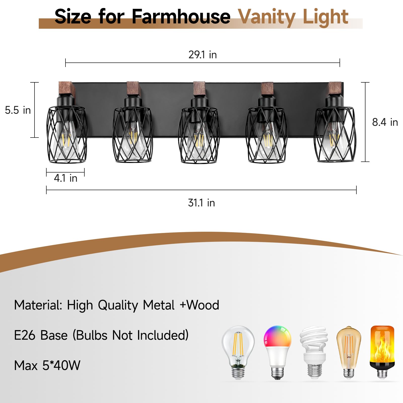 Dikaida 5-Light Vanity Light For Bathroom, Farmhouse Bathroom Vanity Light Over Mirror, Wood Wall Sconces Vanity Lighting With C