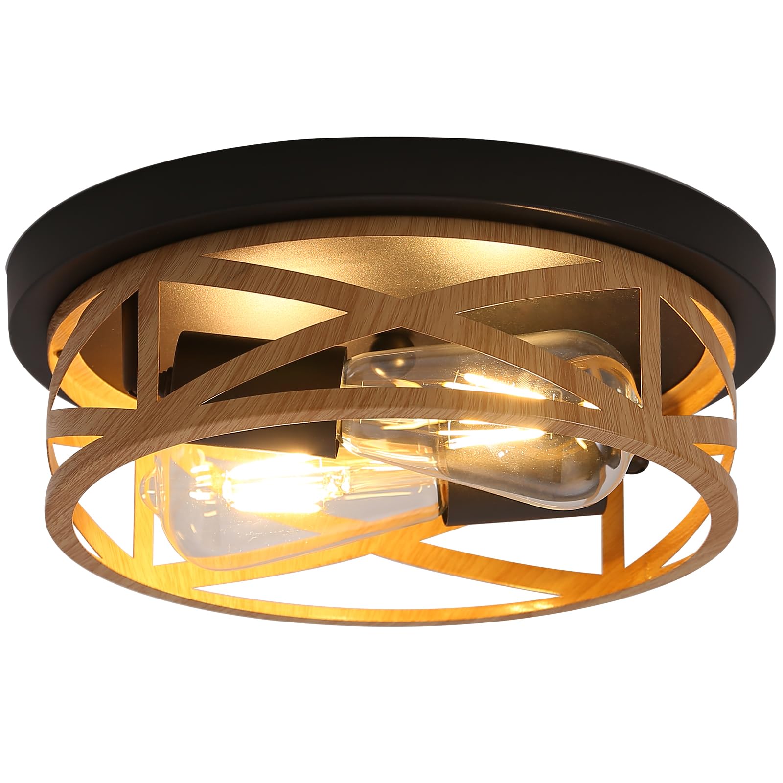 2-Light Close To Ceiling Light Fixtures, 11 Inch Wood Flush Mount Ceiling Light, Modern Indoor Metal Cage Cross Farmhouse House 