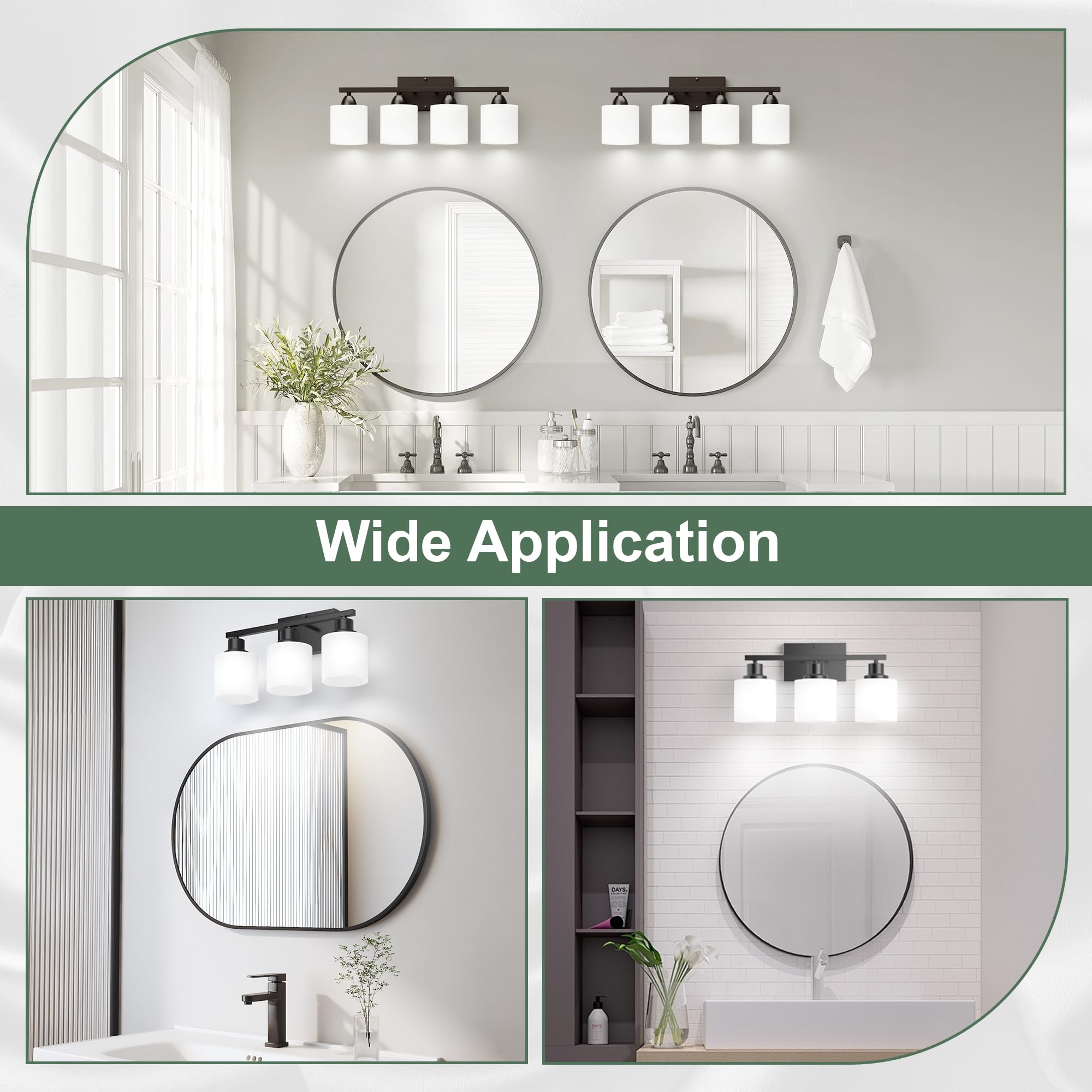 Dekang Black 3-Light Bathroom Vanity Light Fixture, Anti-Rust Wall Sconce With Milky White Shades