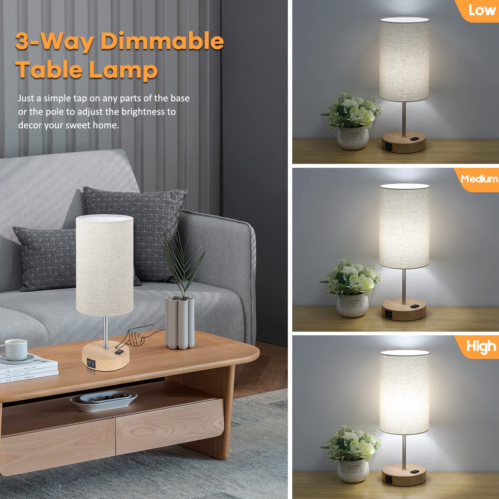 Bedside Table Lamps With 2 Usb Charging Ports & Ac Outlet, Set Of 2 Touch Control Wooden Base Nightstand 3-Way Dimmable Lamps Wi