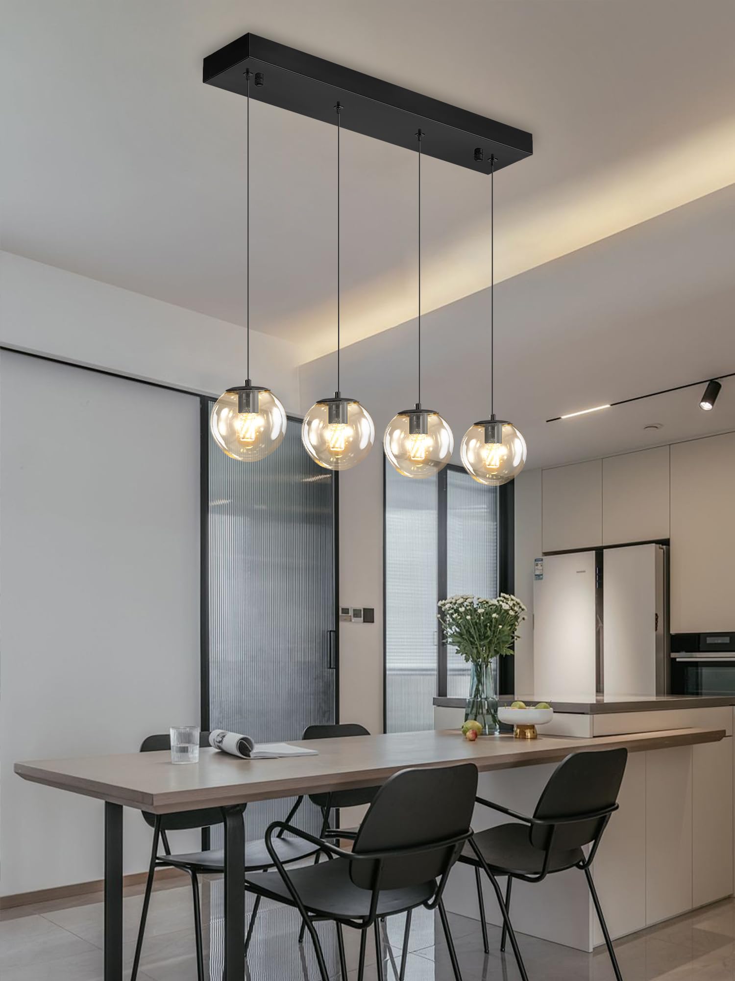 ykolupty Kitchen Island Lighting Glass Globe Island Light Fixtures for Dining Room, 4-Lights Black Modern Chandeliers Pendant Li