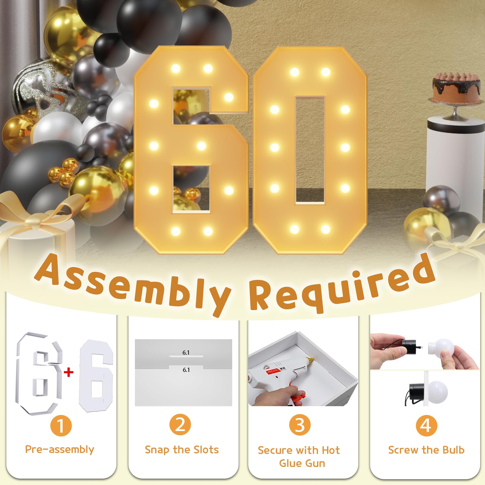 imprsv Light Up Numbers - 60th Birthday Decorations - Foam Board - 4FT Size - Marquee Style