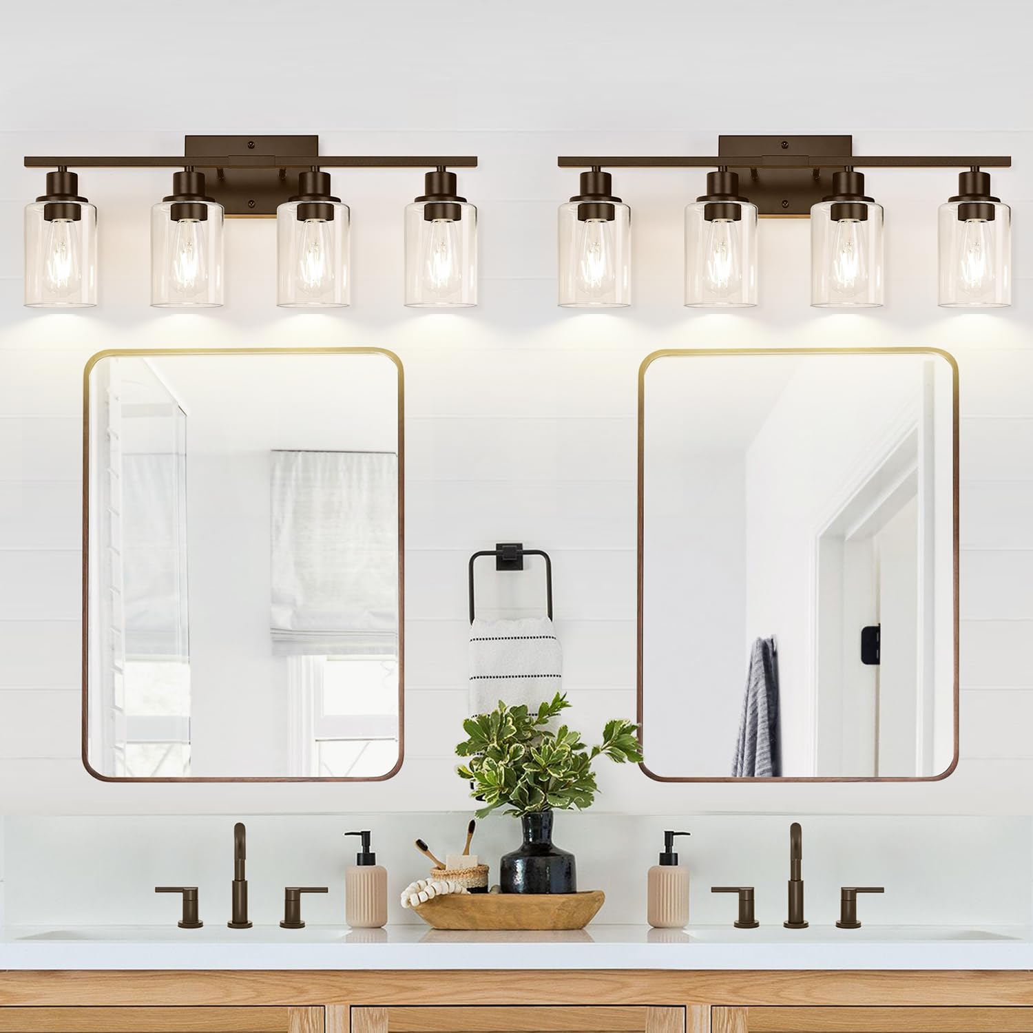 Indoi 4-Light Bathroom Light Fixtures, Brown Vanity Lighting Fixtures With Clear Glass Shades, Modern Bathroom Wall Lamp For Mir