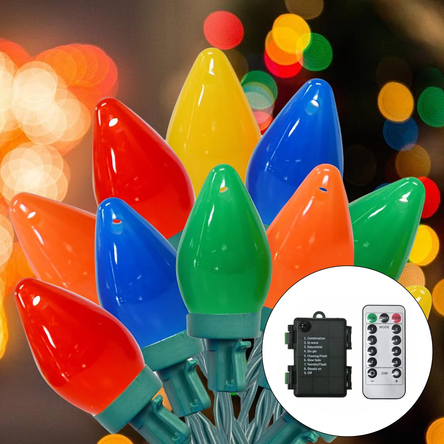 100LED C7 Christmas Lights Battery Operated Outdoor with 8 Mode Remote Control  2 Sets 27.5FT 50 Twinkle Big Christmas Lights for Colored Xmas Tree  Home Garden Patio Decorations