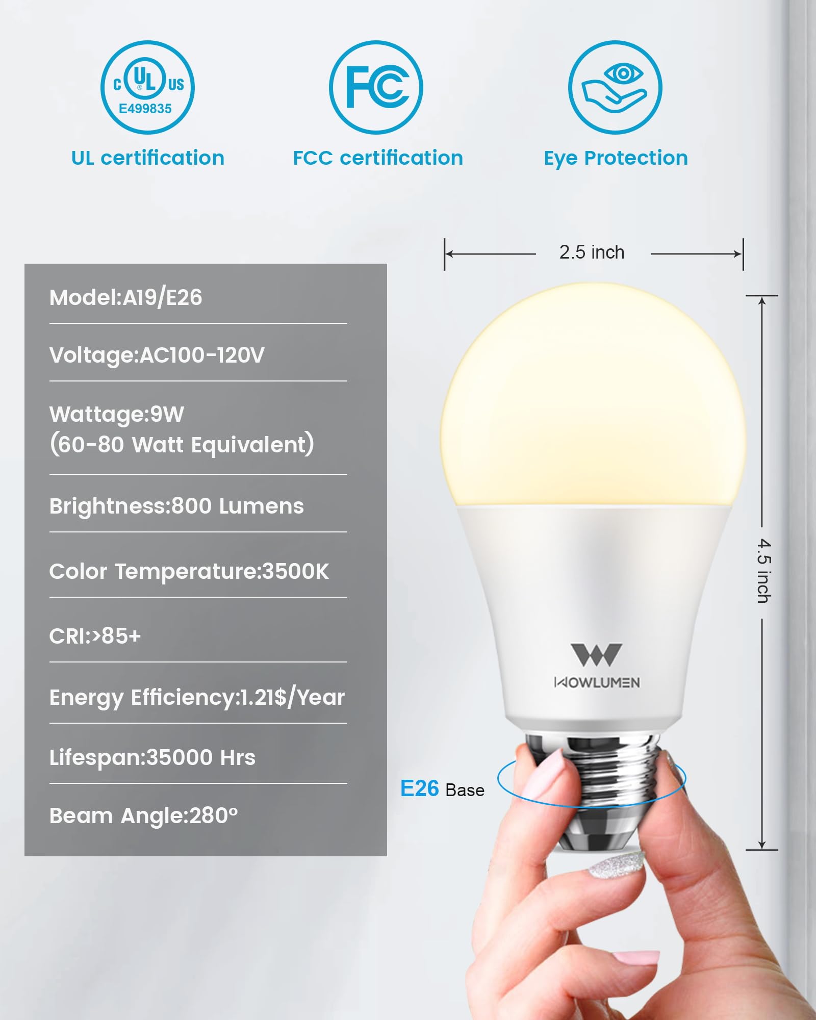 WOWLUMEN A19 LED Light Bulb, 9W E26, 3500K Soft White, Non-Dimmable, 800LM, 4 Pack - Ideal for Bedroom,