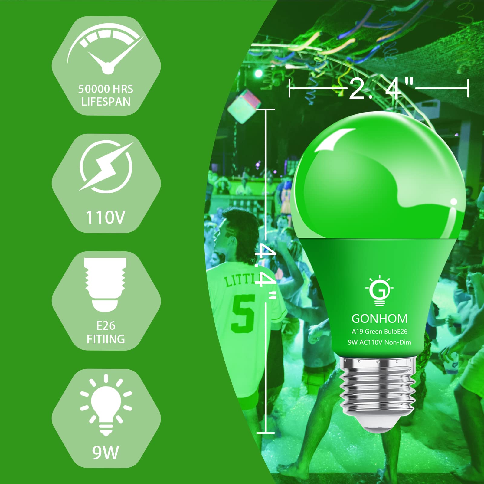 Gonhom 2 Pack Green Led Light Bulbs, 9W Equivalent, E26 Base For Holiday & Decorative Lighting