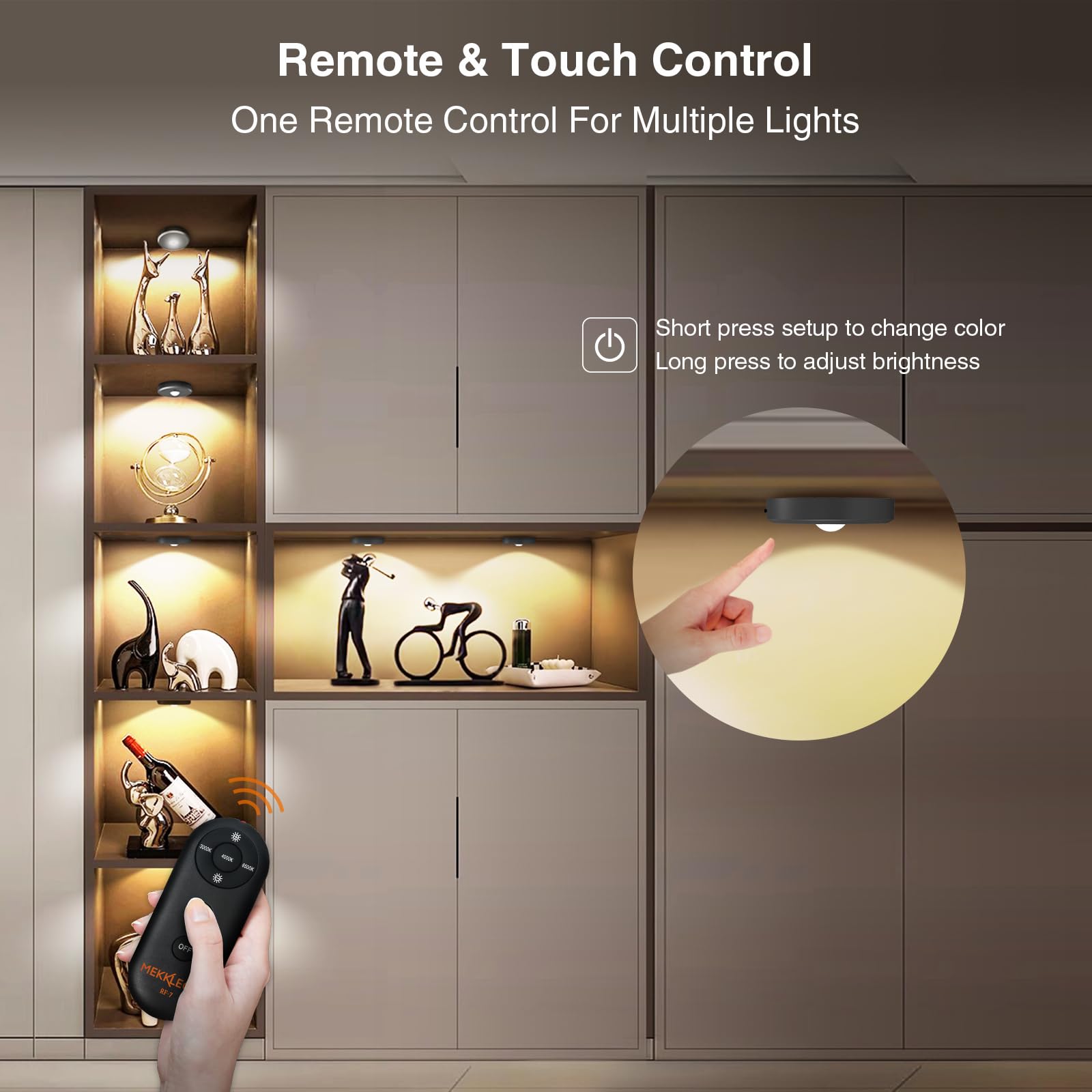 Mekkleon Puck Lights With Remote Control Rechargeable,Wireless Under Cabinet Lighting,2000Mah Battery Operated Tap Push Touch Lights,Stick On Lights For Counter,Shelf,Bookcase (Dark Grey, 5 Pcs)