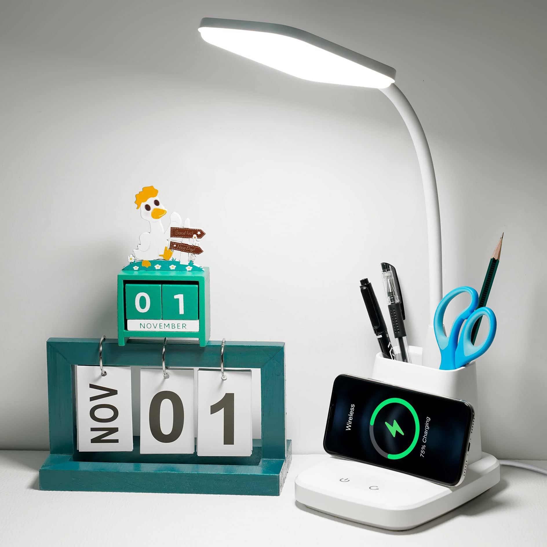Sailstar Upgraded Led Desk Lamp With Wireless Charger, White Small Desk Light With Pen Holder, 3 Color Modes, Cri 85, 800 Lumen,