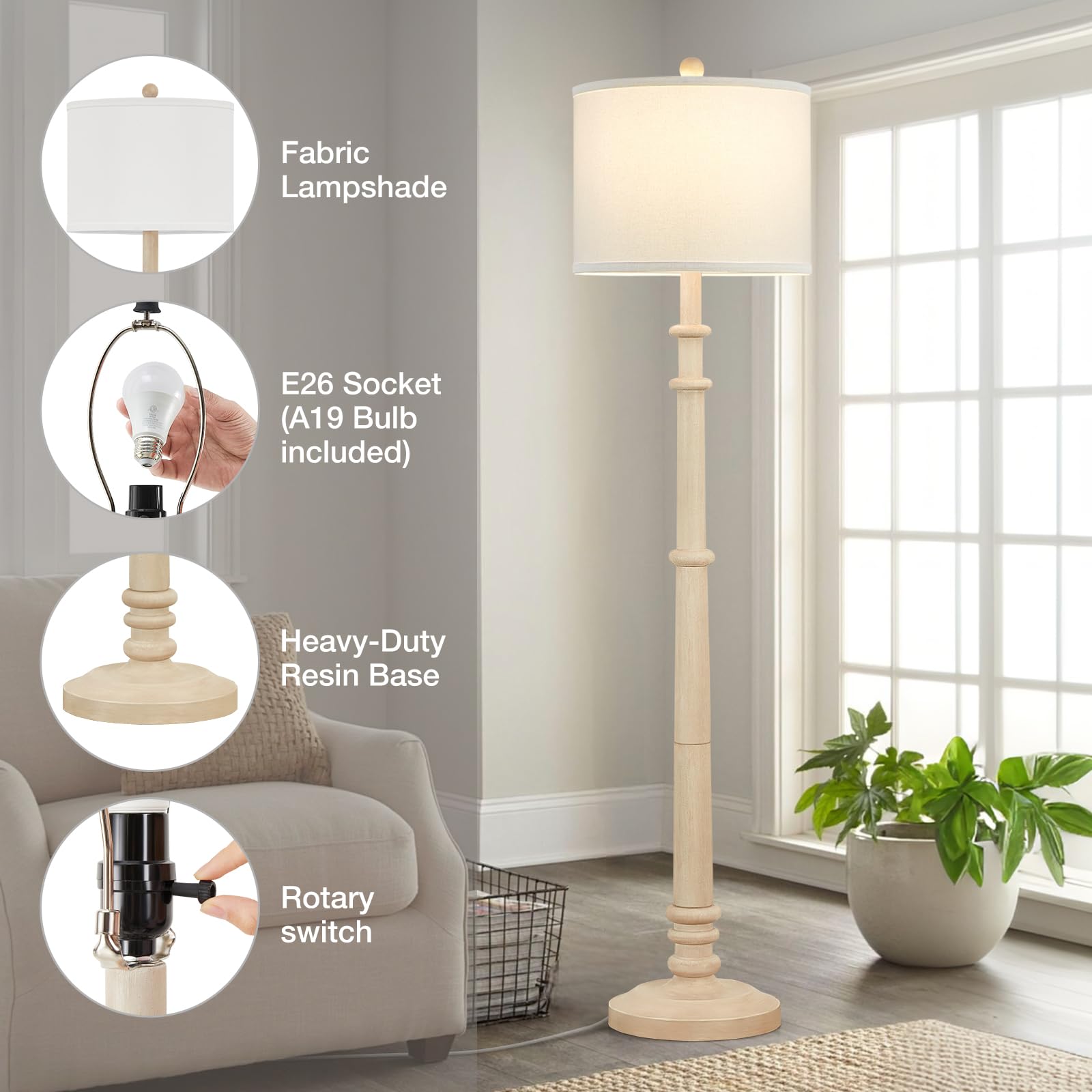 EJIAXIN 60in Resin Floor Lamp - Vintage Standing Light with Linen Shade, Oatmeal Wash, Model: floor lamp for living room-C