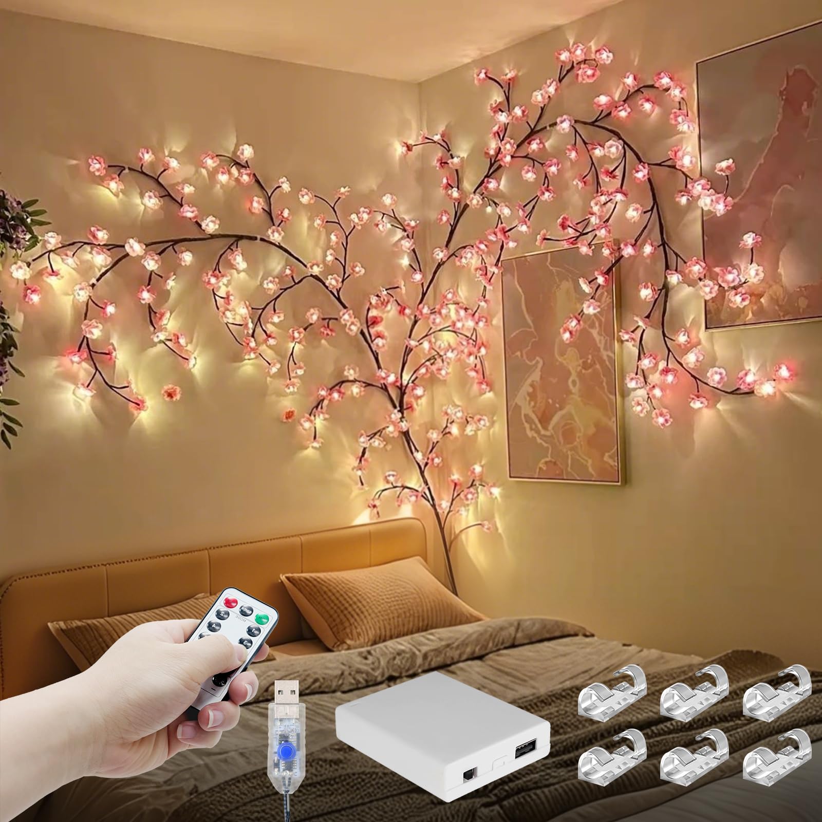 FNHMSL Cherry Enchanted Willow Vine Lights 7.55FT 144LED Pink Cherry Blossom Tree Branch Lights for Wall, Remote Timer,8 Light M
