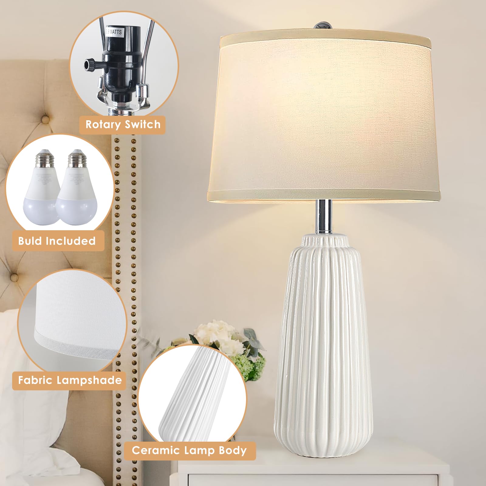 Yusist Ceramic Table Lamps Set Of 2, 25Inch Modern White Table Lamps For Bedroom Living Room With 3 Color Temperature - 3000K/4000K/6000K, Coastal Lamps For Nightstand Bedside With 2 Led Bulbs, 9W