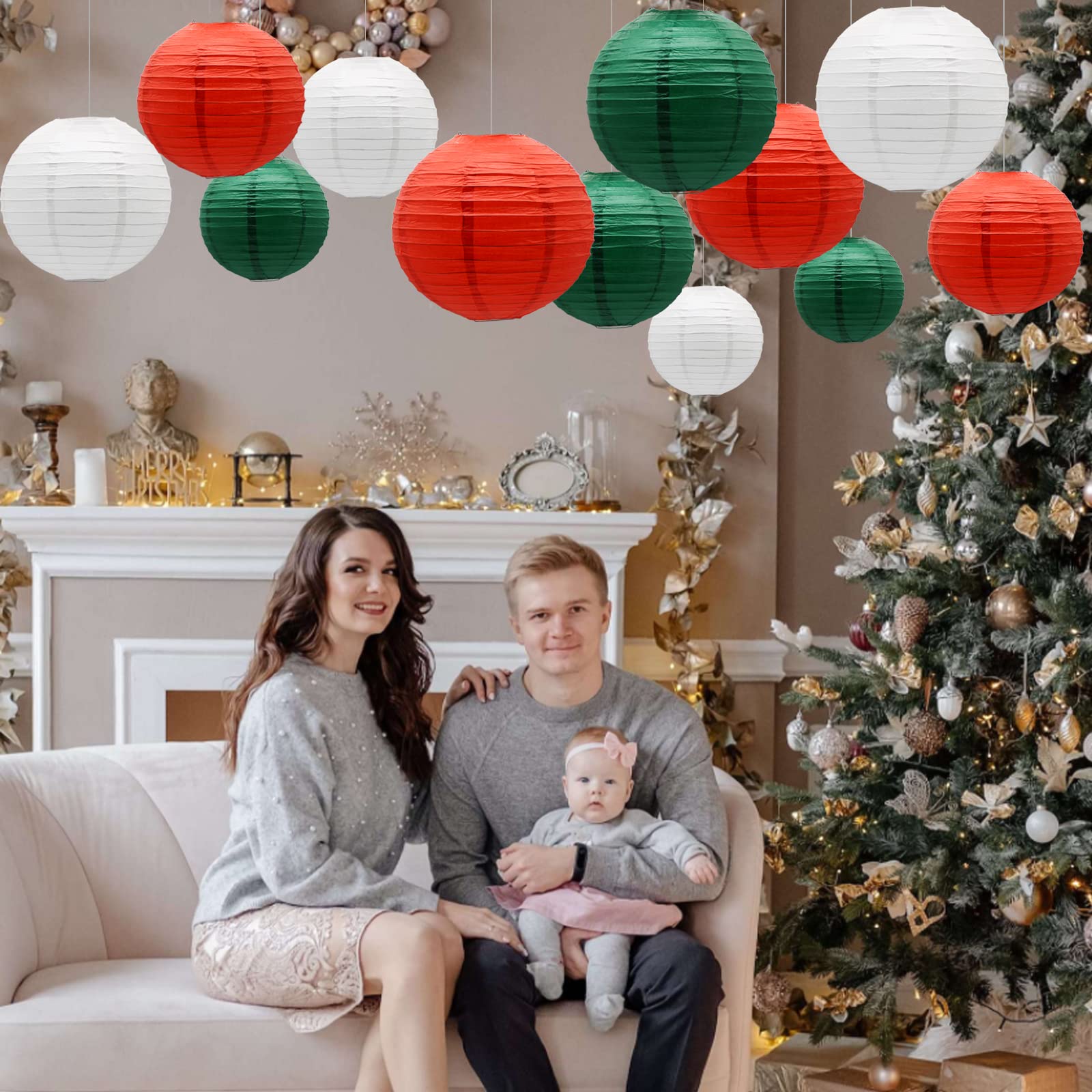 ADLKGG Paper Lanterns, Round Hanging Decorations, 9pcs, Metal, Red/White/Green, for Christmas, Graduation, Baby Shower, Birthday