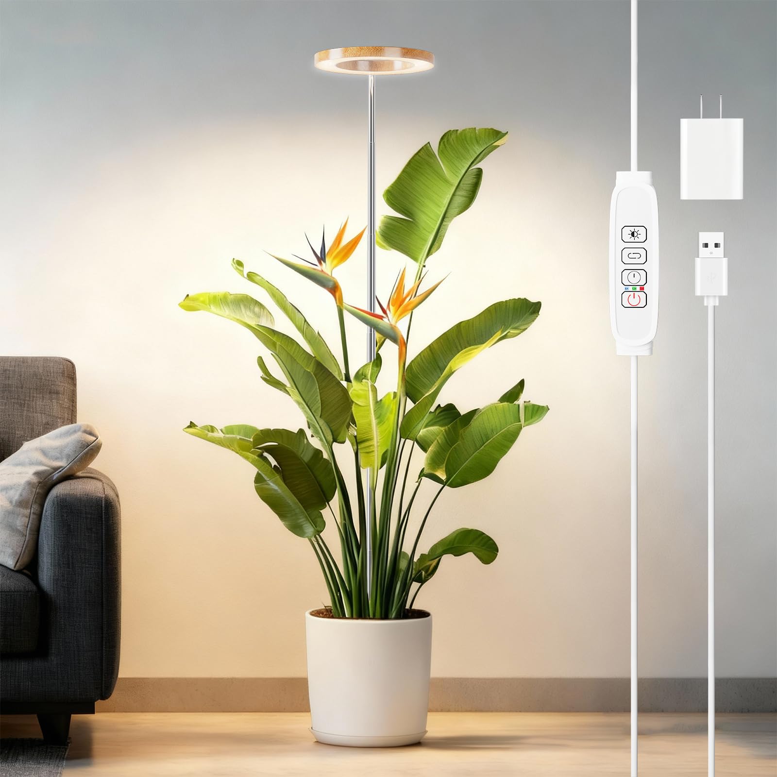SDOVUERC Full-Spectrum Grow Lights for Indoor Plants - Adjustable Height Plant Lamp with Wood-Grain Finish, 6/12/18H Timer, 3 Co
