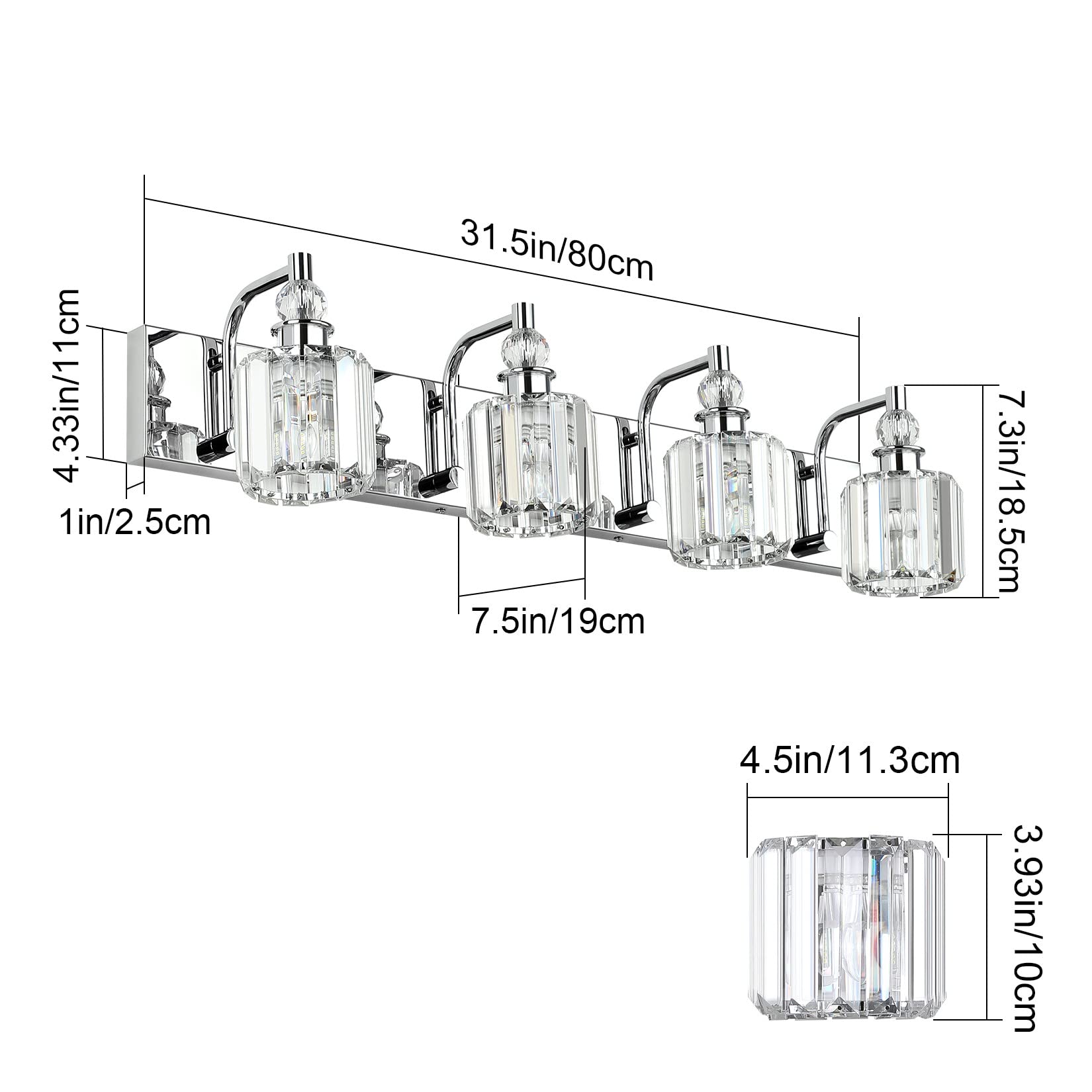 Ralbay Crystal Bathroom Vanity Light 4 Light Stainless Steel Chrome 32 inch Model 8605