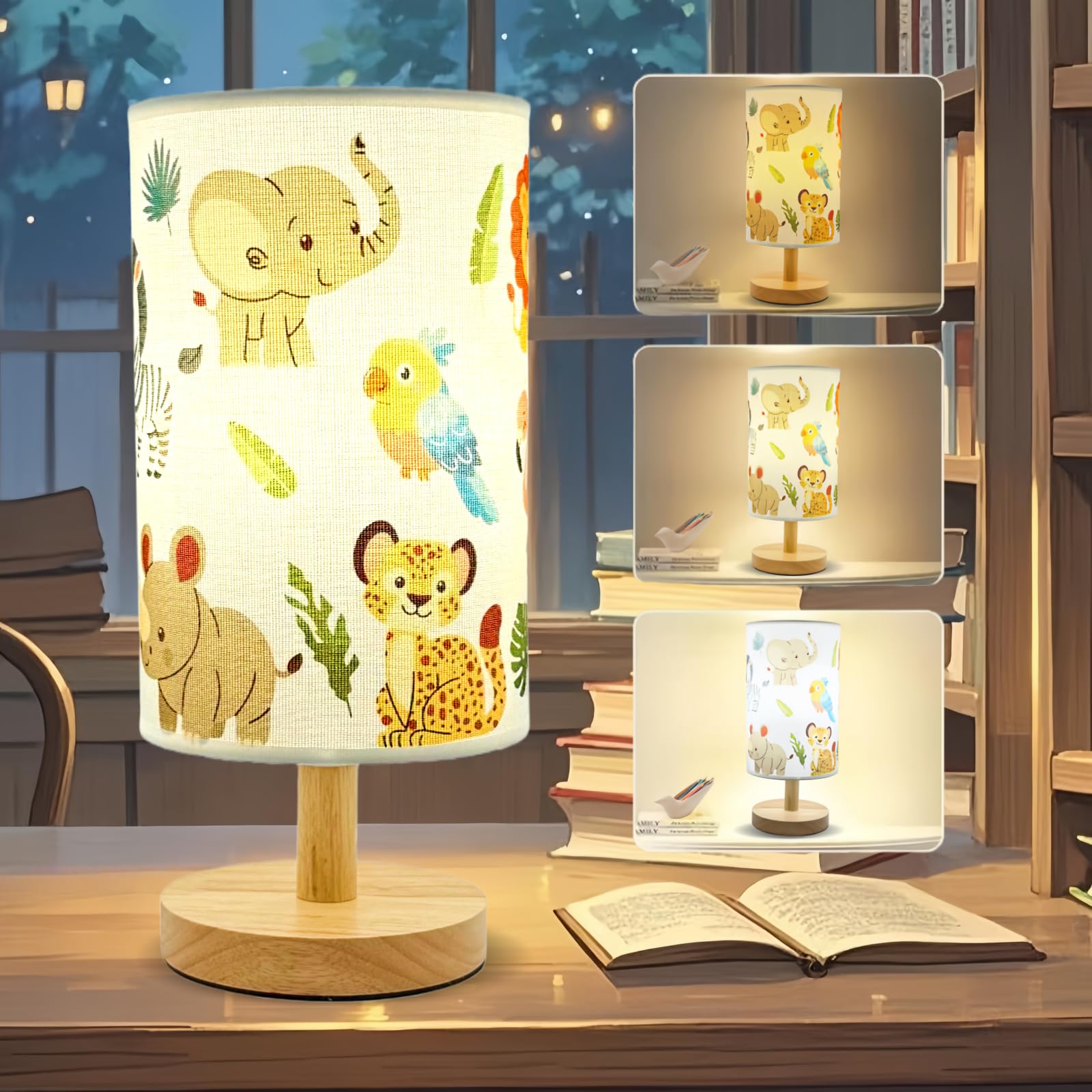 Kids Table Lamp-Night Light for Boys Room 3-Color LED Desk Lamp with Baby Elephant Zebra Giraffe Tiger Pattern Bedside Lamp Safari Animal Lampshade and Wood Base for Living Nursery Child Room Study
