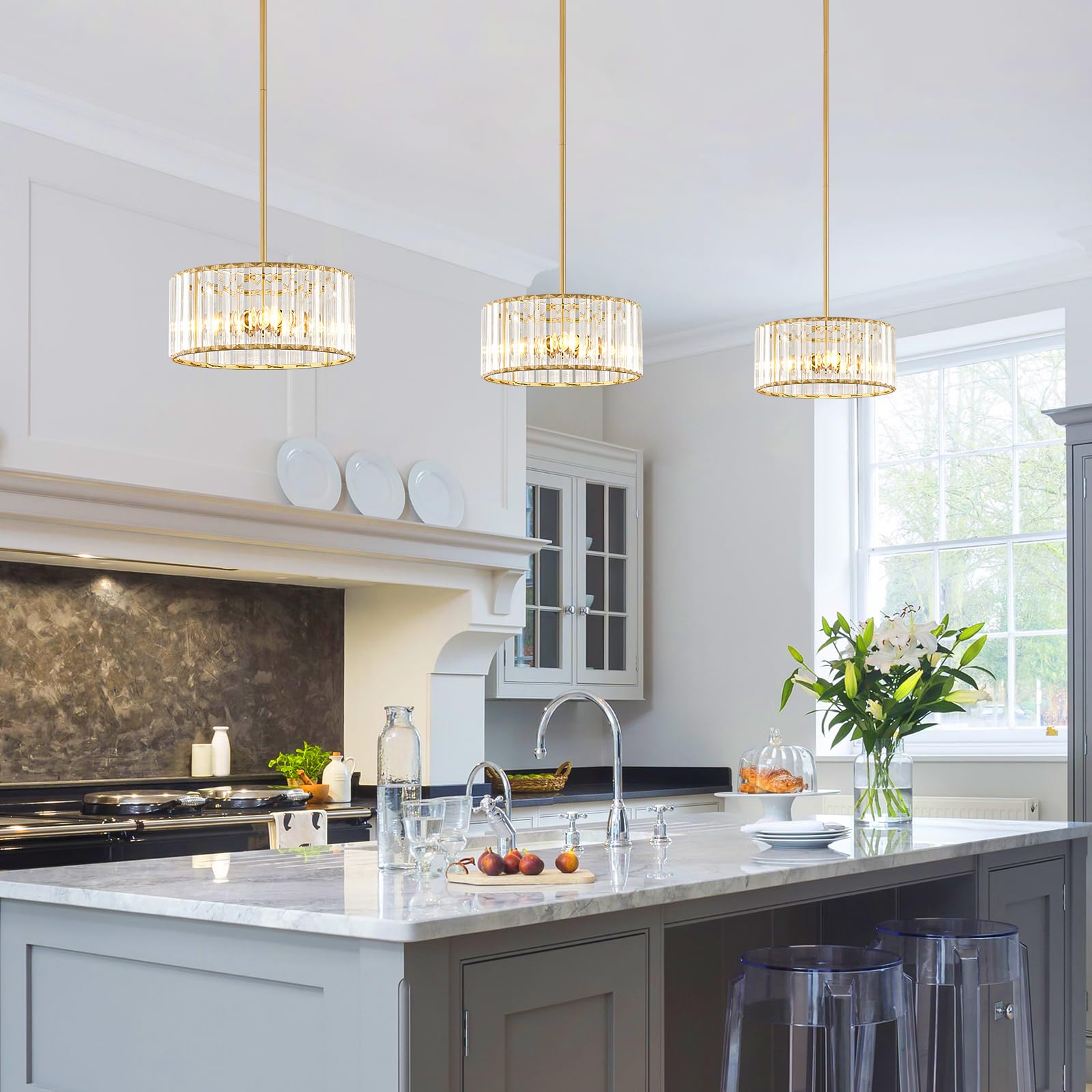Yurnyq Gold Crystal Chandelier, Small Modern Semi Flush Mount Ceiling Chandelier Light Fixtures, Round Hanging Lighting Fixture