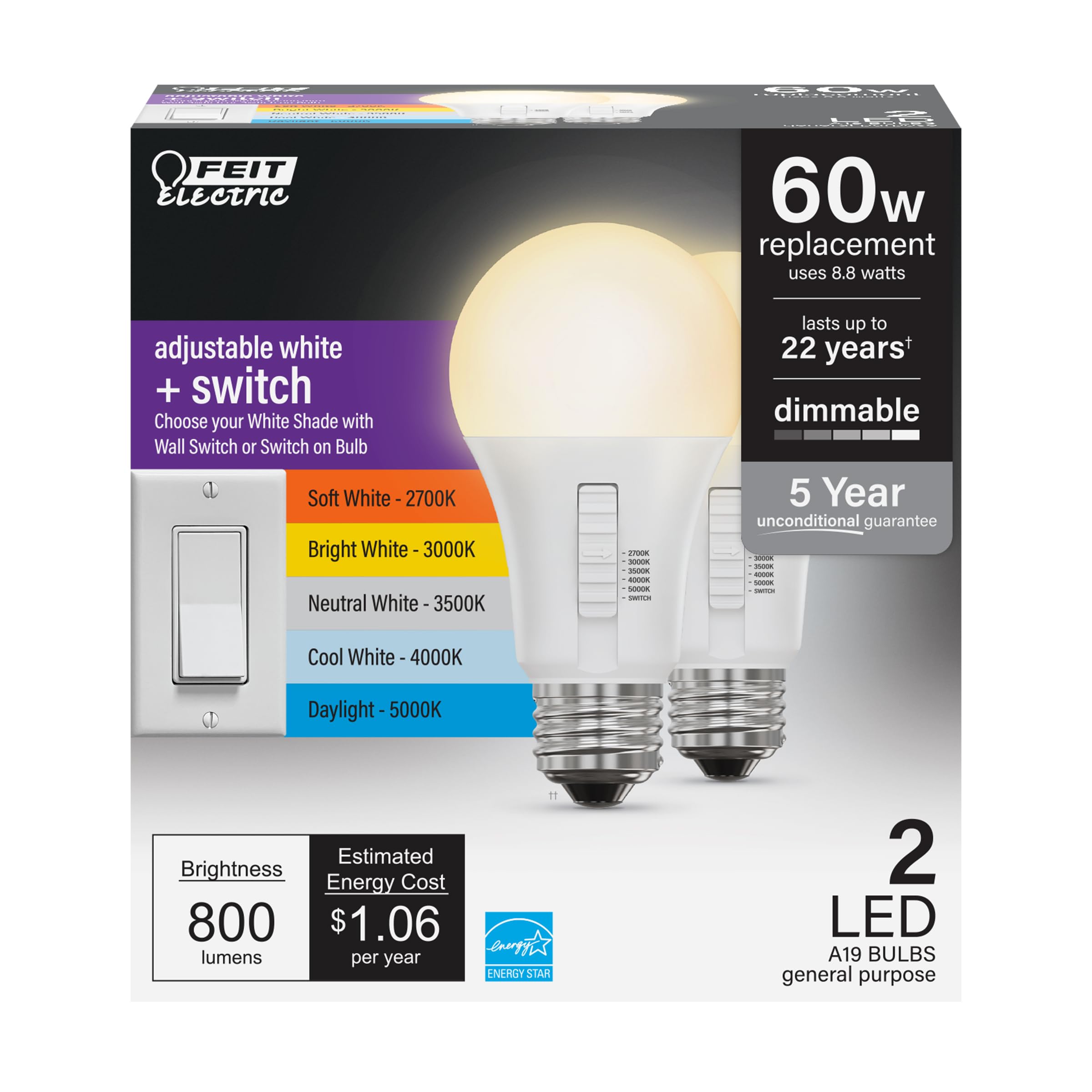 Feit Electric A19 Led Light Bulb, 60W Equivalent, Dimmable, Color Selectable 6-Way, 5Cct, E26 Medium Base, 90 Cri, 800 Lumens, 2
