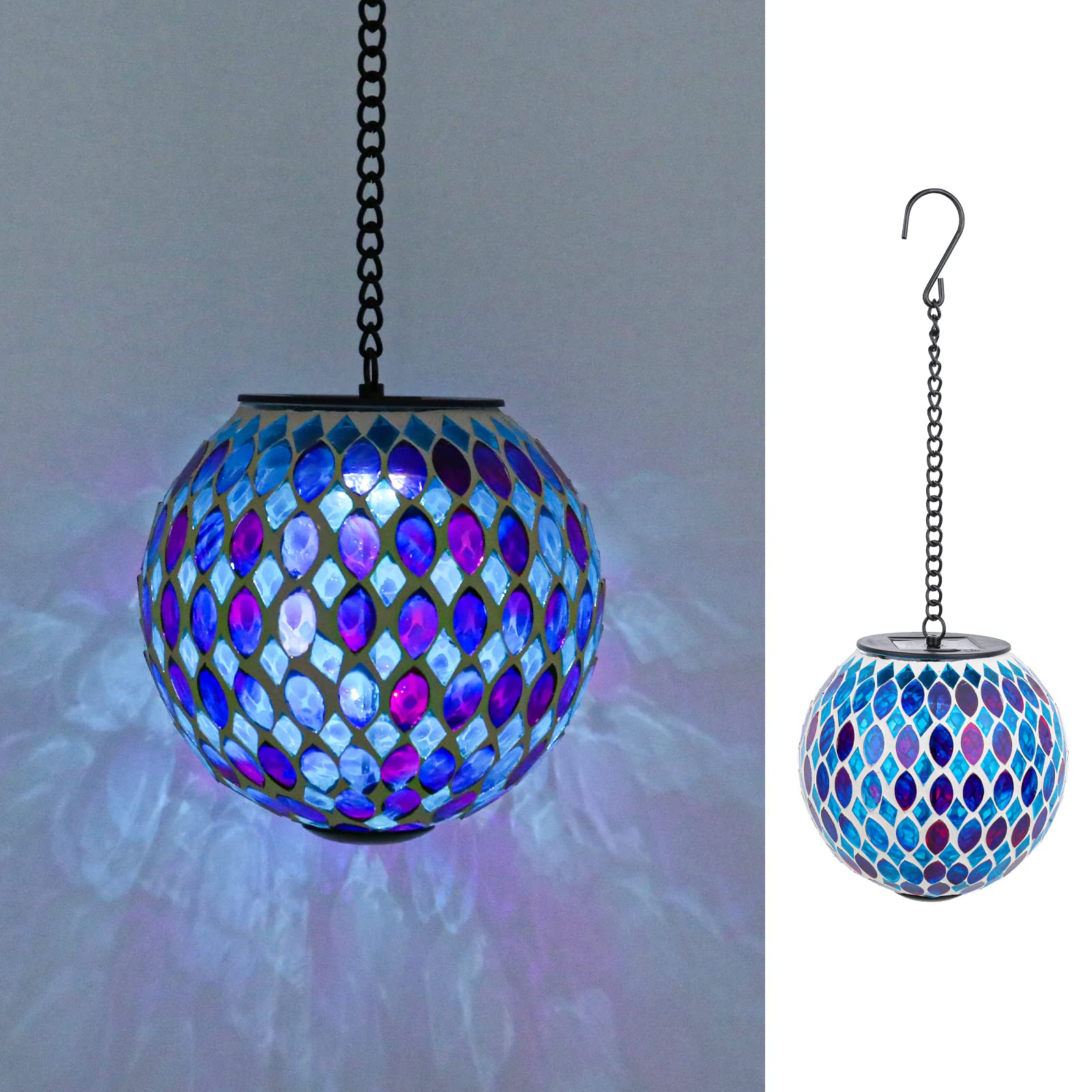 Vcuteka Solar Lanterns - Mosaic Outdoor Lights With Hook For Garden, Tree, Fence, Patio - Blue