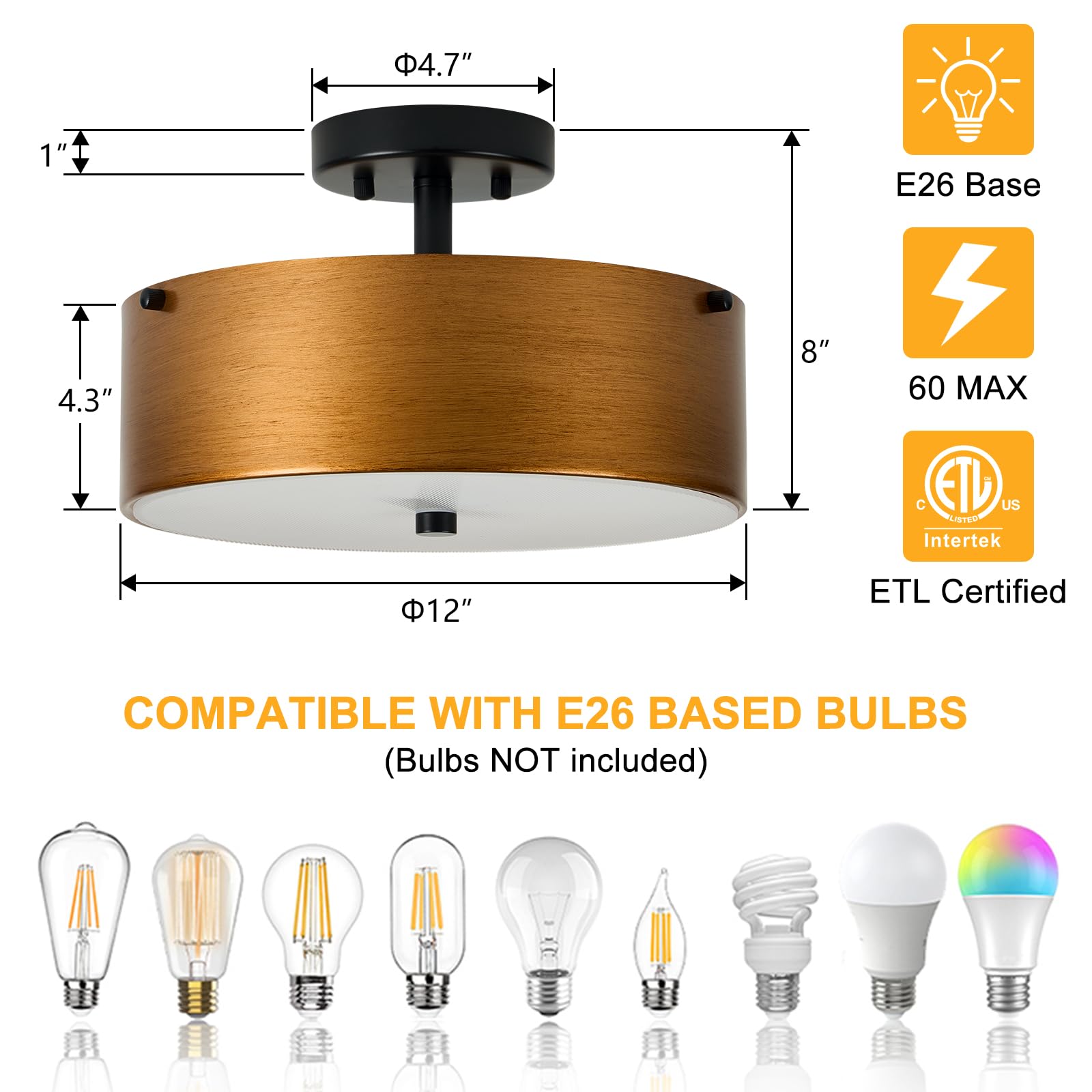 12''Semi Flush Mount Ceiling Light Fixture,3-Light Small Brass Chandelier Drum Lighting With Age Gold Metal Shade,Modern Close T