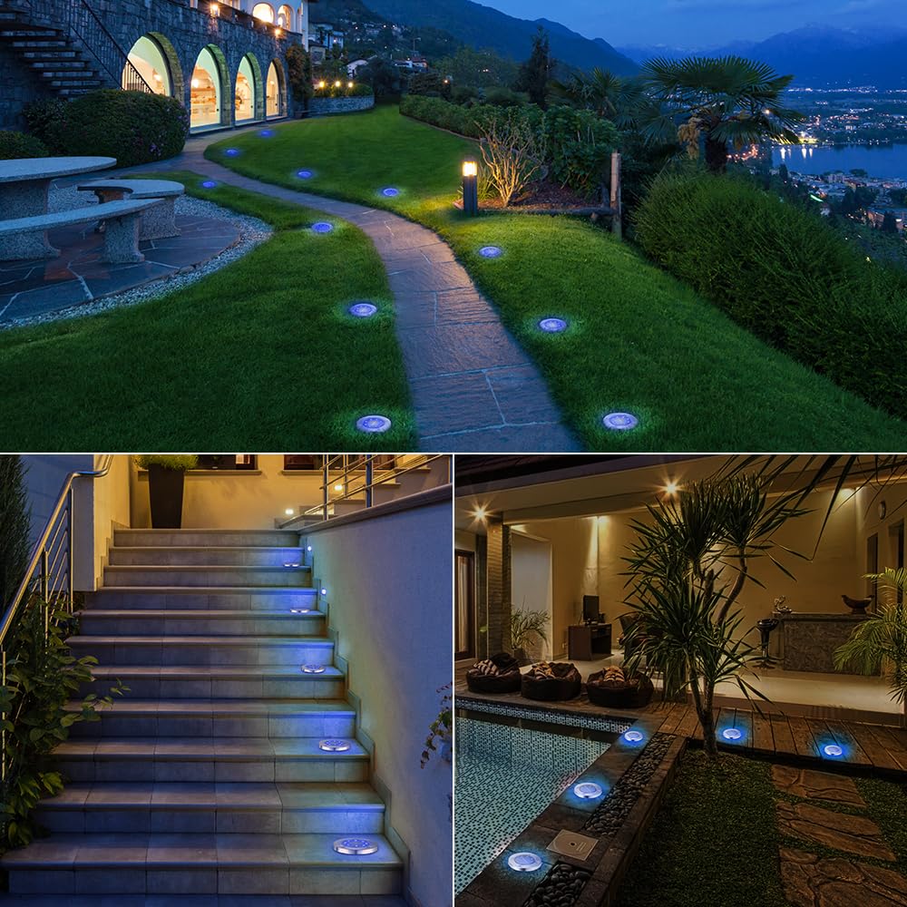 LYHOPE Solar Ground Lights Outdoor, 8 Pack 8 LED Solar Disk Lights Waterproof Garden In-ground Pathway Lights Landscape Lighting