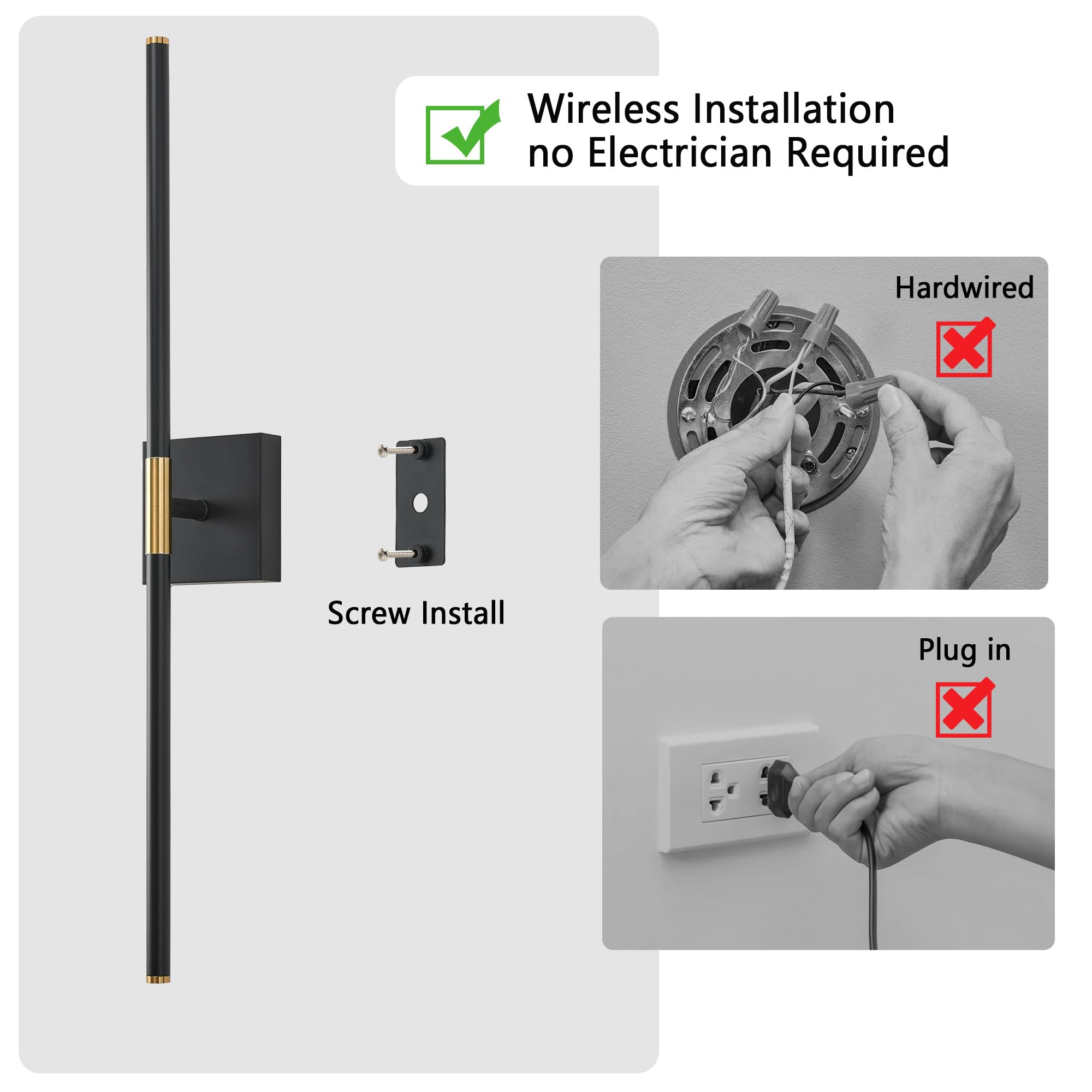 Battery Operated Black & Gold Wall Sconces Set Of 2, 30'' Wireless Rechargeable Wall Lights With Remote Control, 3000K-6000K Ste