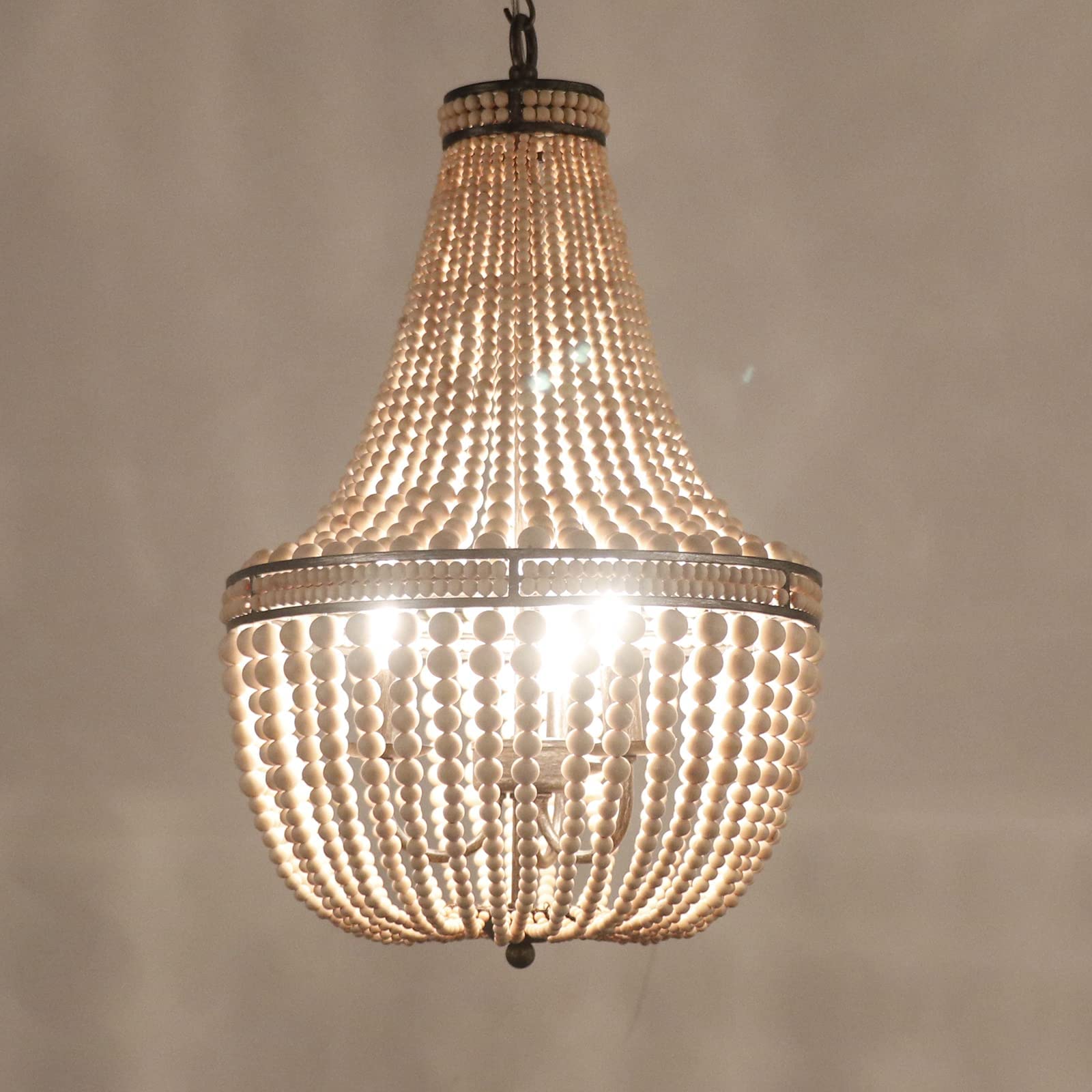 DOCHEER Wood Beaded Chandelier, 3-Light Pendant Fixture, Oak White, 14.02in Diameter, Rustic Boho Light for Dining Room, Living Room, Entryway
