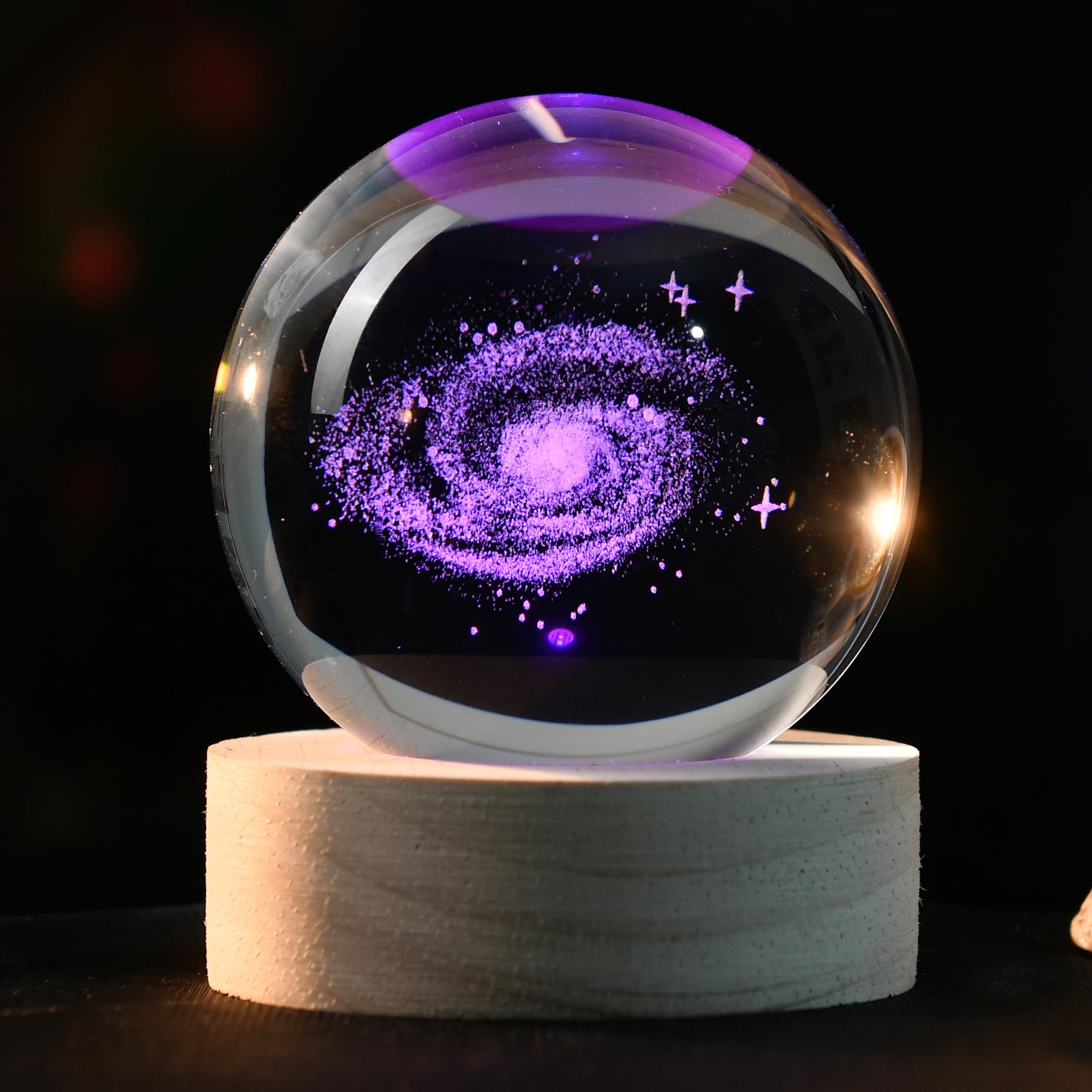 IFOLAINA 3D Galaxy Crystal Ball 2.36'' Laser Engraved Glass Planet Sphere Gifts with Colorful Lighted Base Decorative Glass Ball
