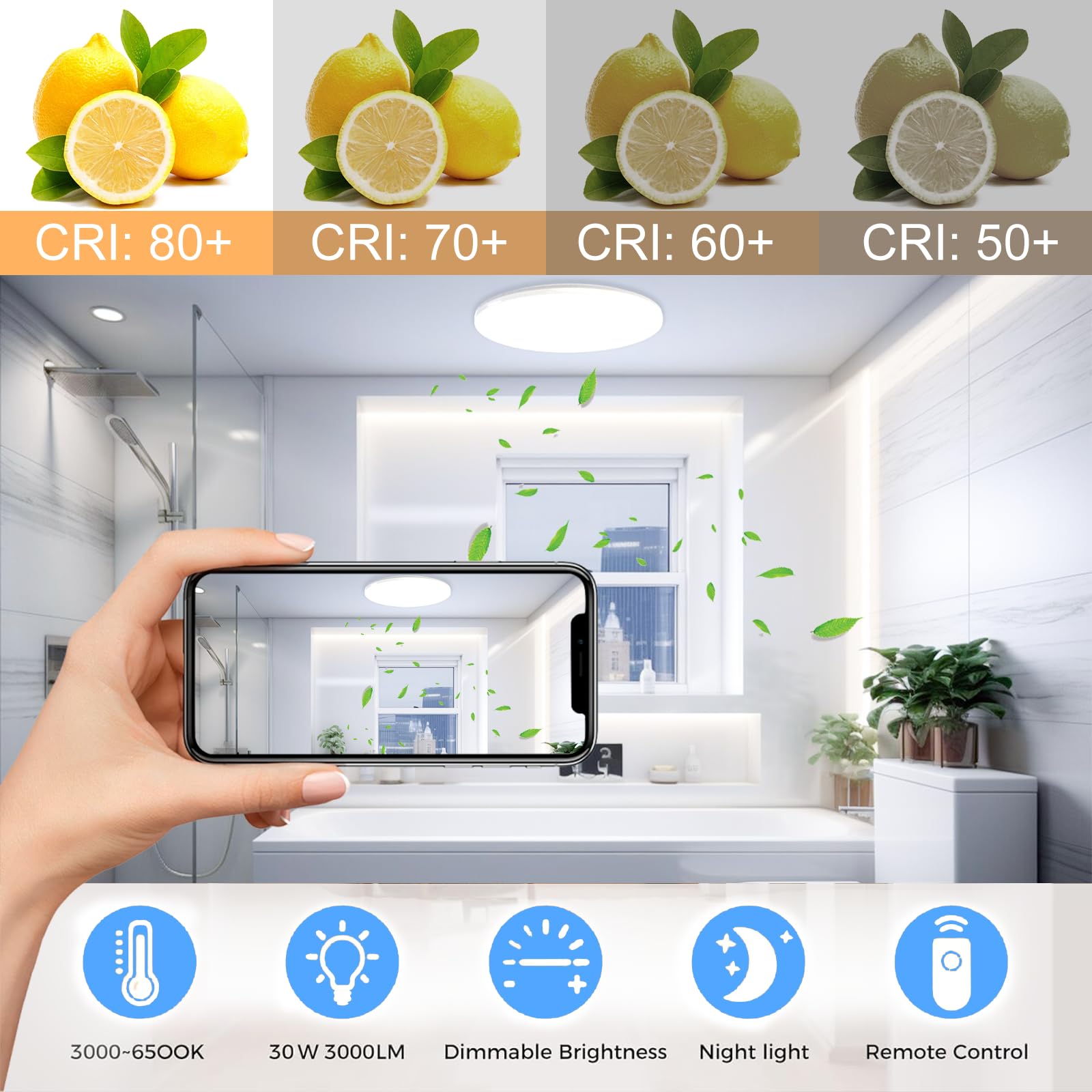 Createstar Led Light, 30W Flush Mount Ceiling Lamp Fixture 12 Inch 3500Lm, Dimmable 3000K/4500K/6000K, Ip55 Waterproof, Remote C