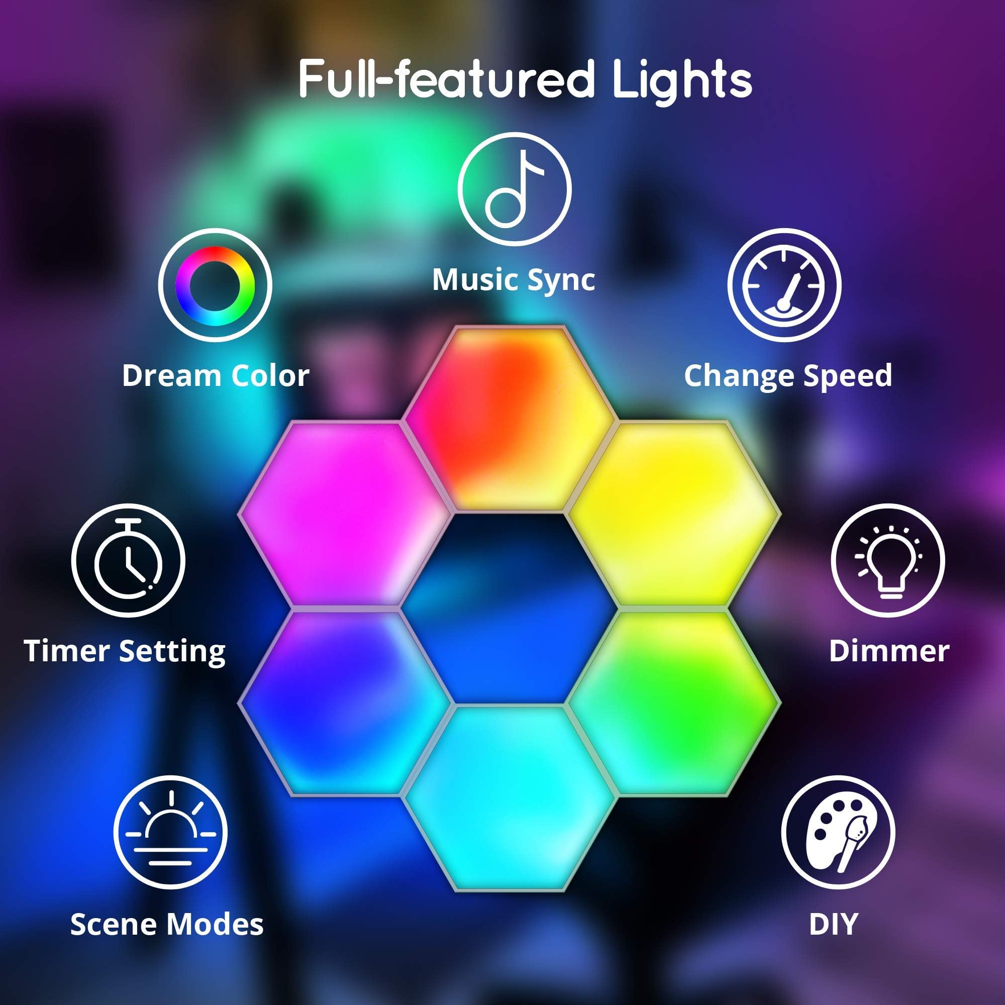Lumoonosity LED Hexagon Lights - RGB Color Changing - 6-PACK Kit - Multicolor - Music Sync Wall Panels