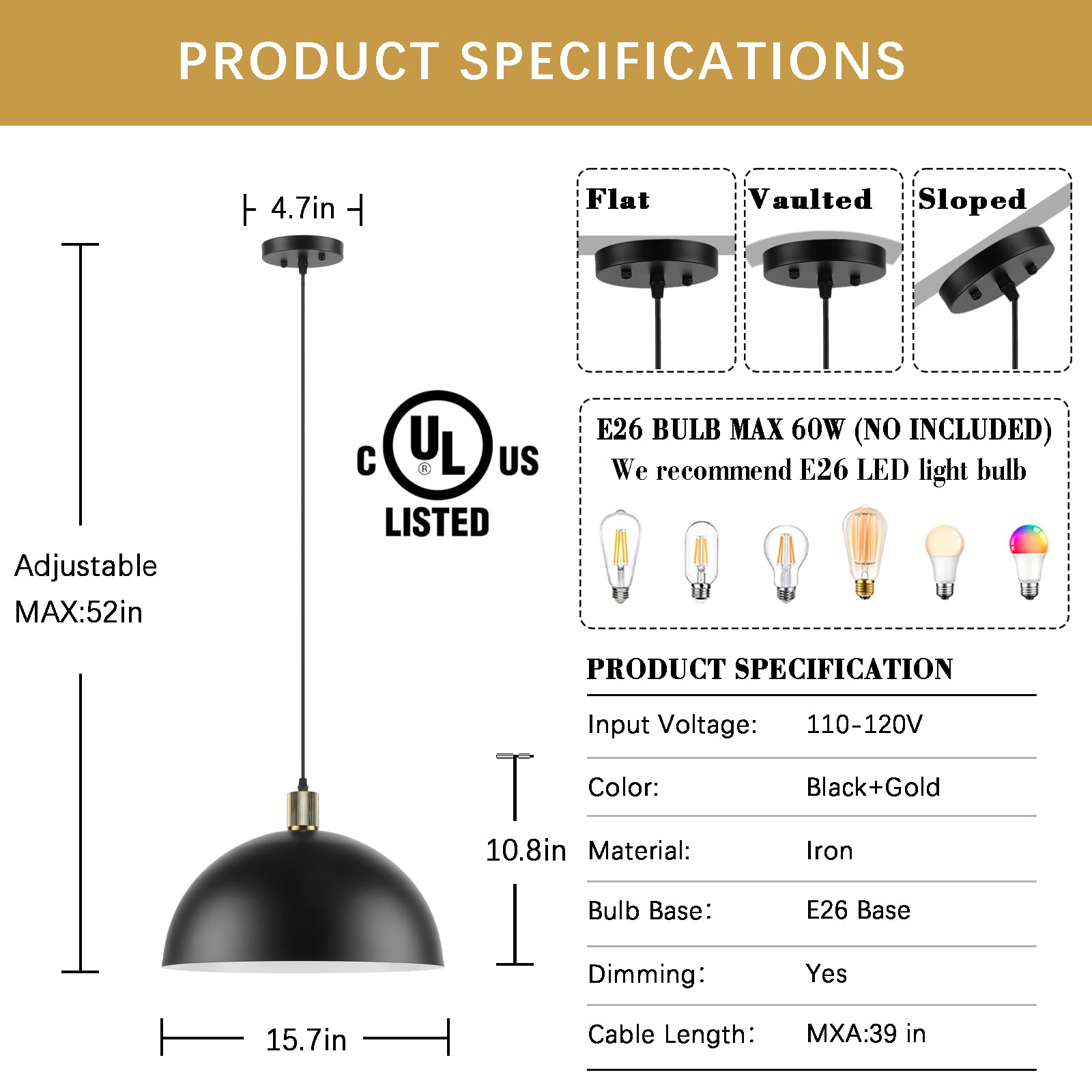 Karjearl Black Pendant Light Fixtures - 15.7" Metal Dome Chandelier, 2 Pack for Kitchen Island & Dining Room