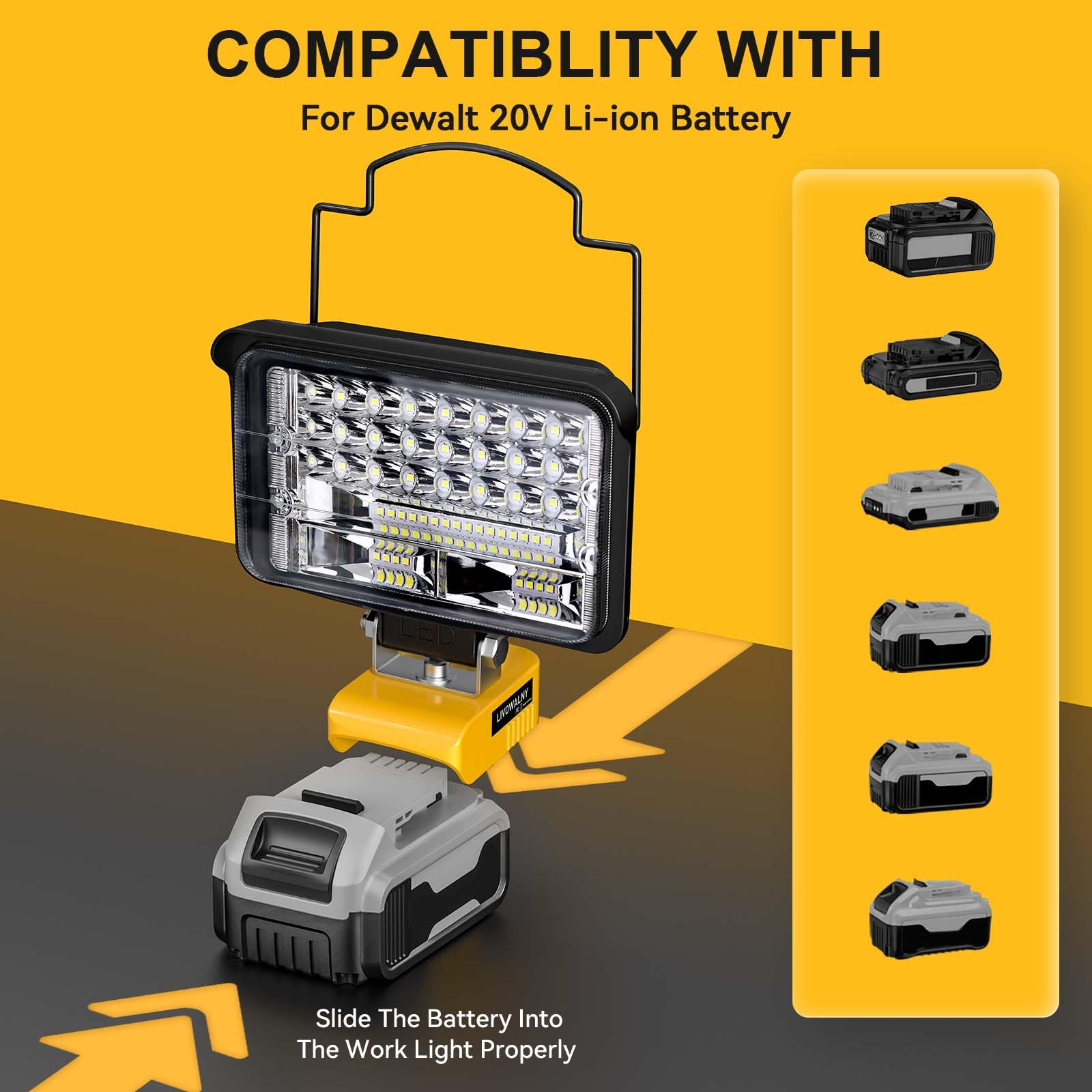 LIVOWALNY Cordless 20V Max LED Work Light, 68W 6800LM, 140° Pivoting Head, USB & Type-C Charging
