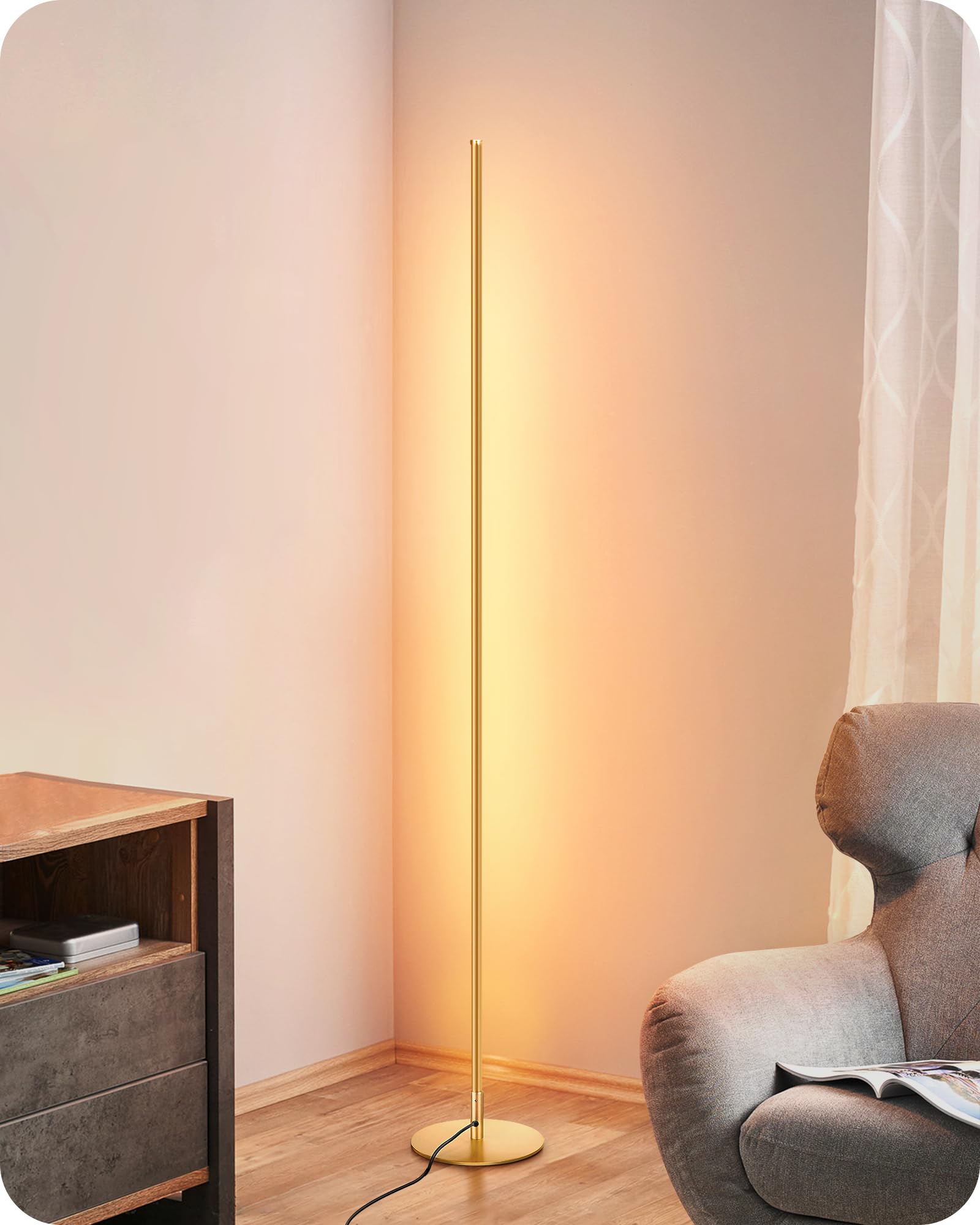 EDISHINE LED Corner Floor Lamp, Dimmable with Remote, 57.5in Tall, Aluminum, 7 Color Temperature, Gold