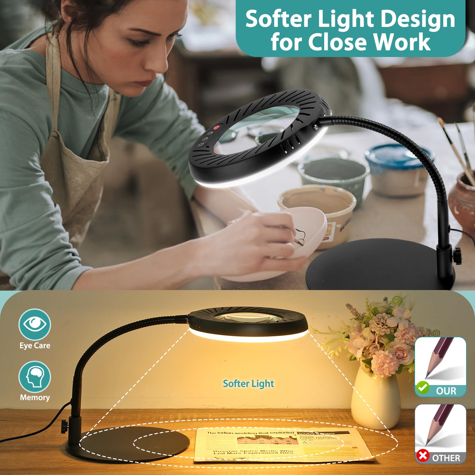 Coteck 10X Magnifying Glass With Light And Stand, Flexible Gooseneck Magnifying Desk Lamp, 5 Color Modes Stepless Dimmable, Hand