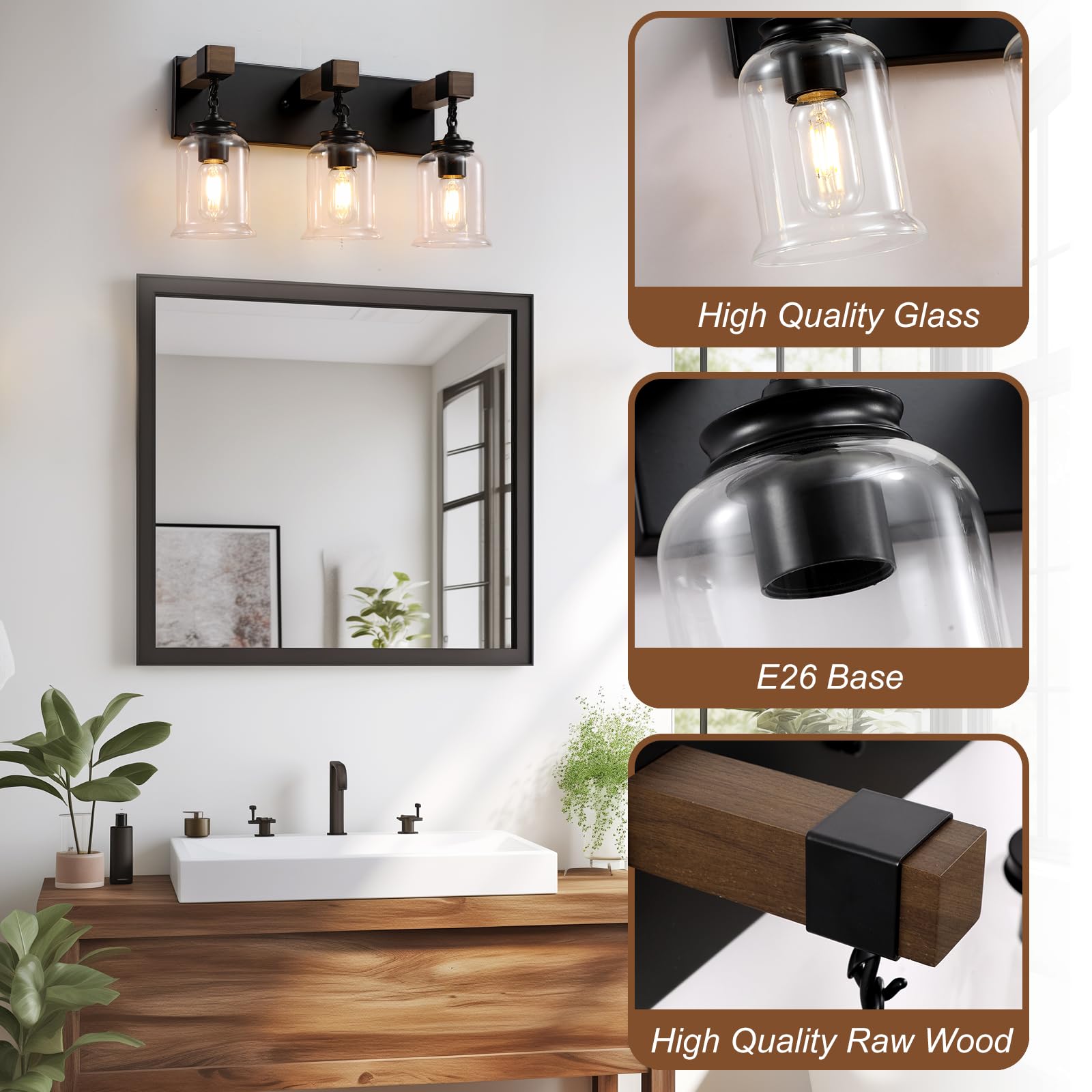 Farmhouse Bathroom Light Fixtures, 3-Light Matte Black Bathroom Vanity Light, Industrial Style With Clear Glass Shades, Lighting