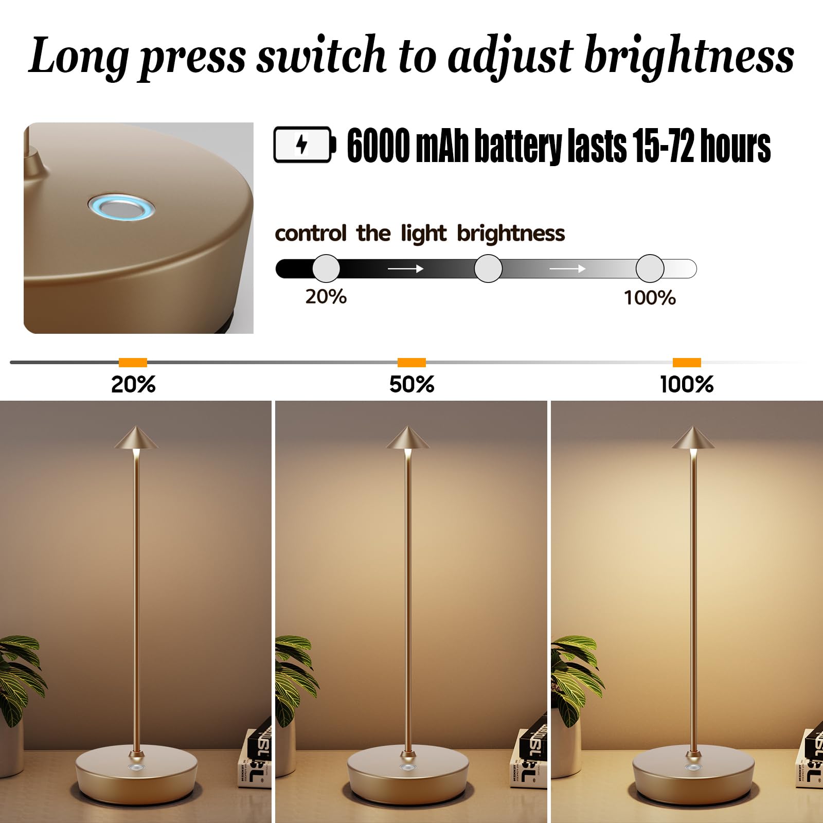 YIBEN Rechargeable Cordless Table Lamp, 6000mAh Battery, 3 Brightness Levels, Portable LED, 2-Pack, Titanium Finish