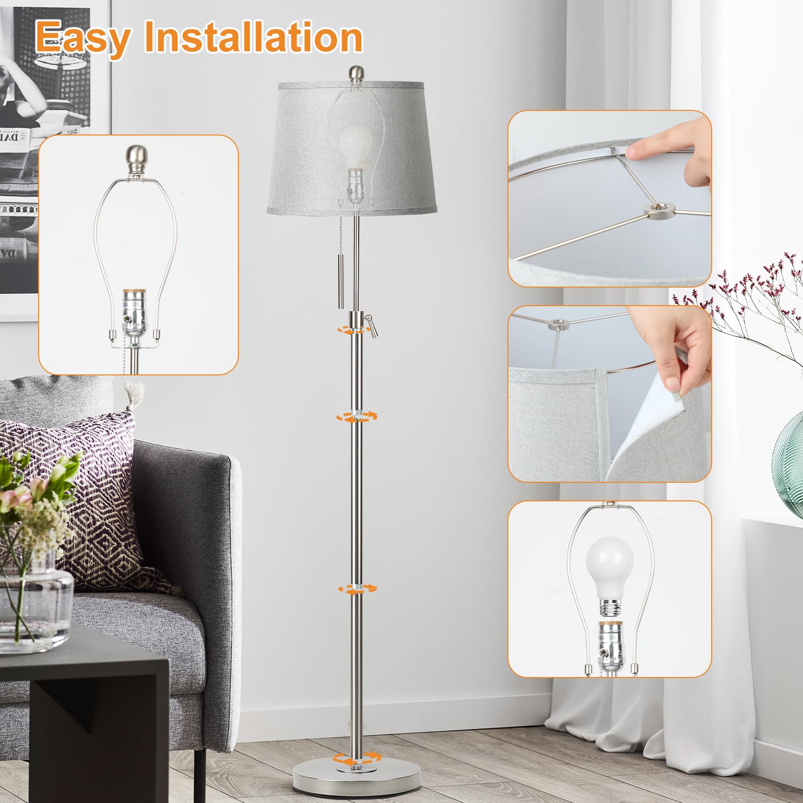 Junnai Floor Lamp For Living Room,Adjustable Height Standing Lamp,Dimmable Modern Floor Lamps For Bedroom Office Tall Floor Lights With Pull Chain Bulb Included-Silver Gray Shade