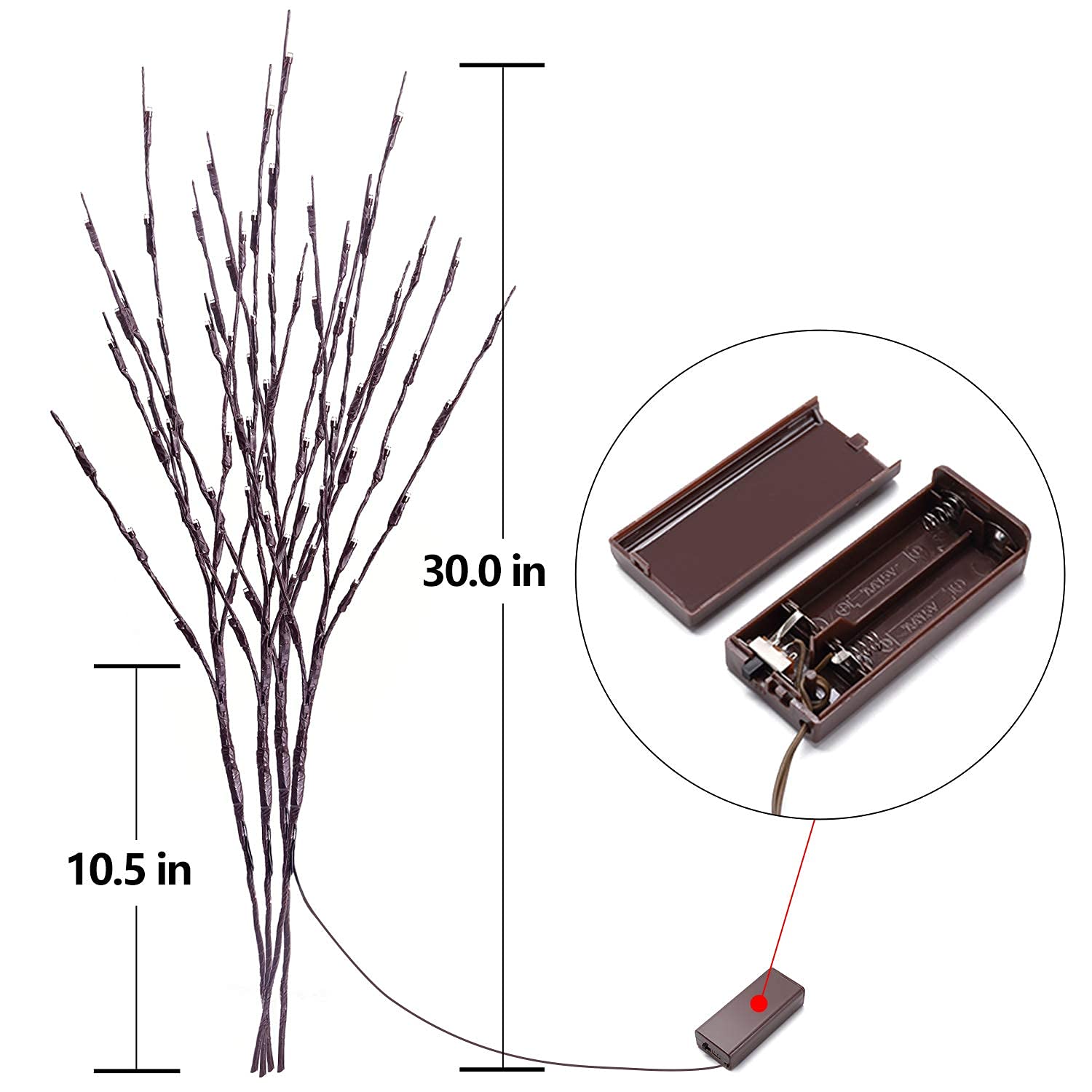 CLESDF Lights Twig - 60 LED Waterproof Branch Lights, Battery Operated, Warm Yellow, 3 Pack, Metal