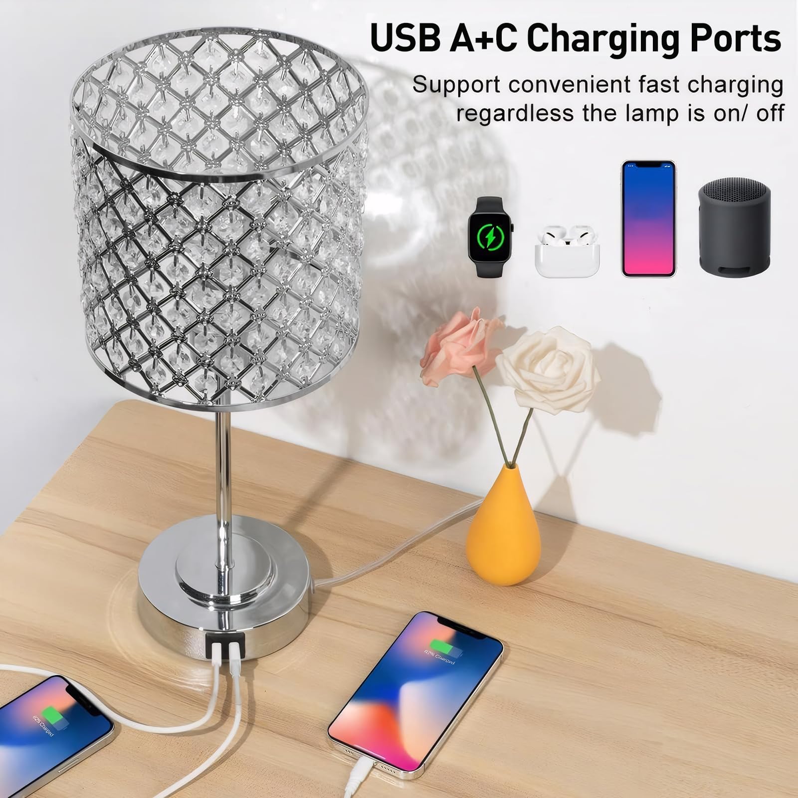 GyroVu Crystal Table Lamp - Touch Control, 3-Way Dimmable, 2 USB Ports, Modern Silver Crystal Nightstand Light, Bulbs Included