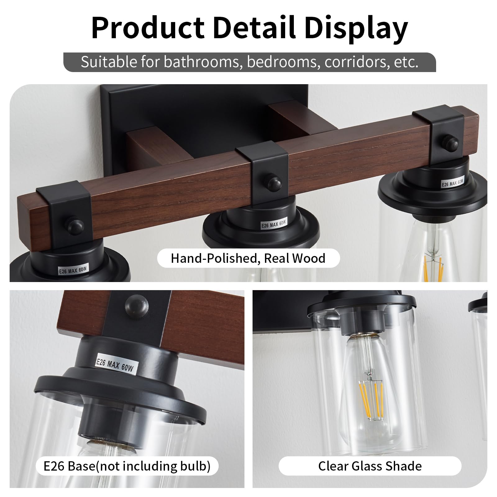 Aixialin 3-Light Wood Bathroom Vanity Light, Rustic Black & Wooden Iron Sconces, Model 600-100-1090
