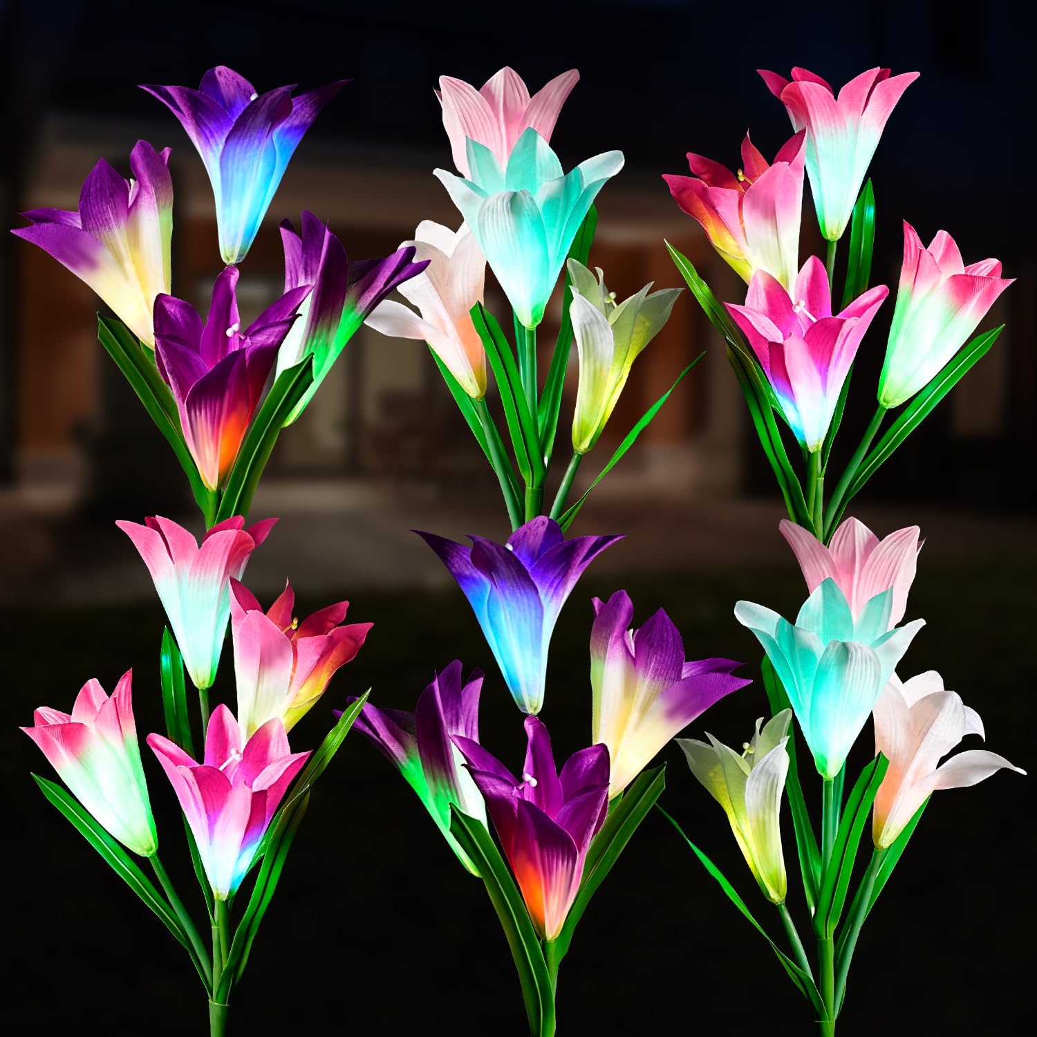 6 Pack Solar Garden Lights Outdoor, 7 Color Changing LED Waterproof Solar Powered Lily Flowers Landscape Lights for Outside Yard
